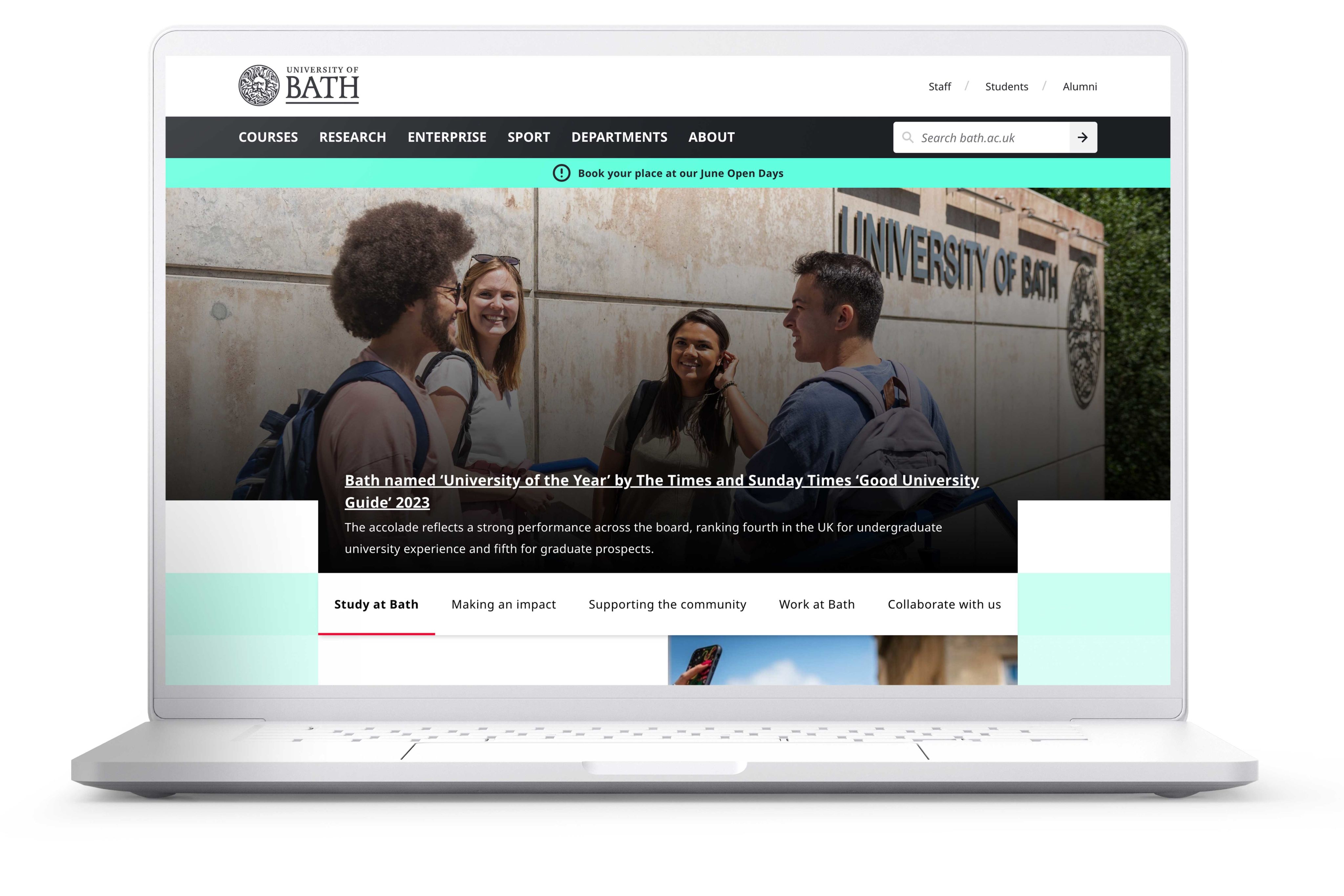 A laptop screen showing the homepage of The University of Bath website.