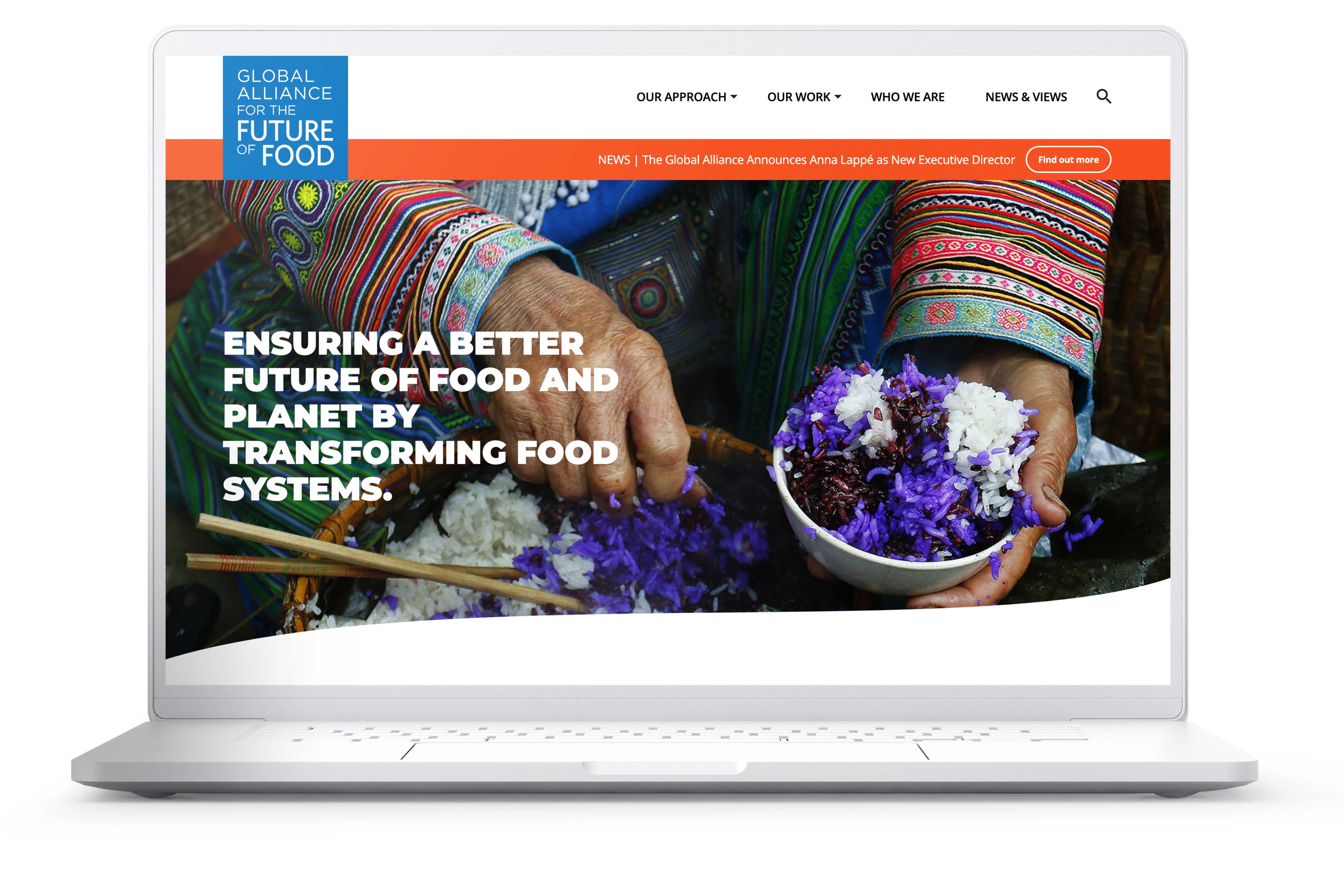 A laptop screen showing the homepage of the Global Alliance for the Future of Food website.