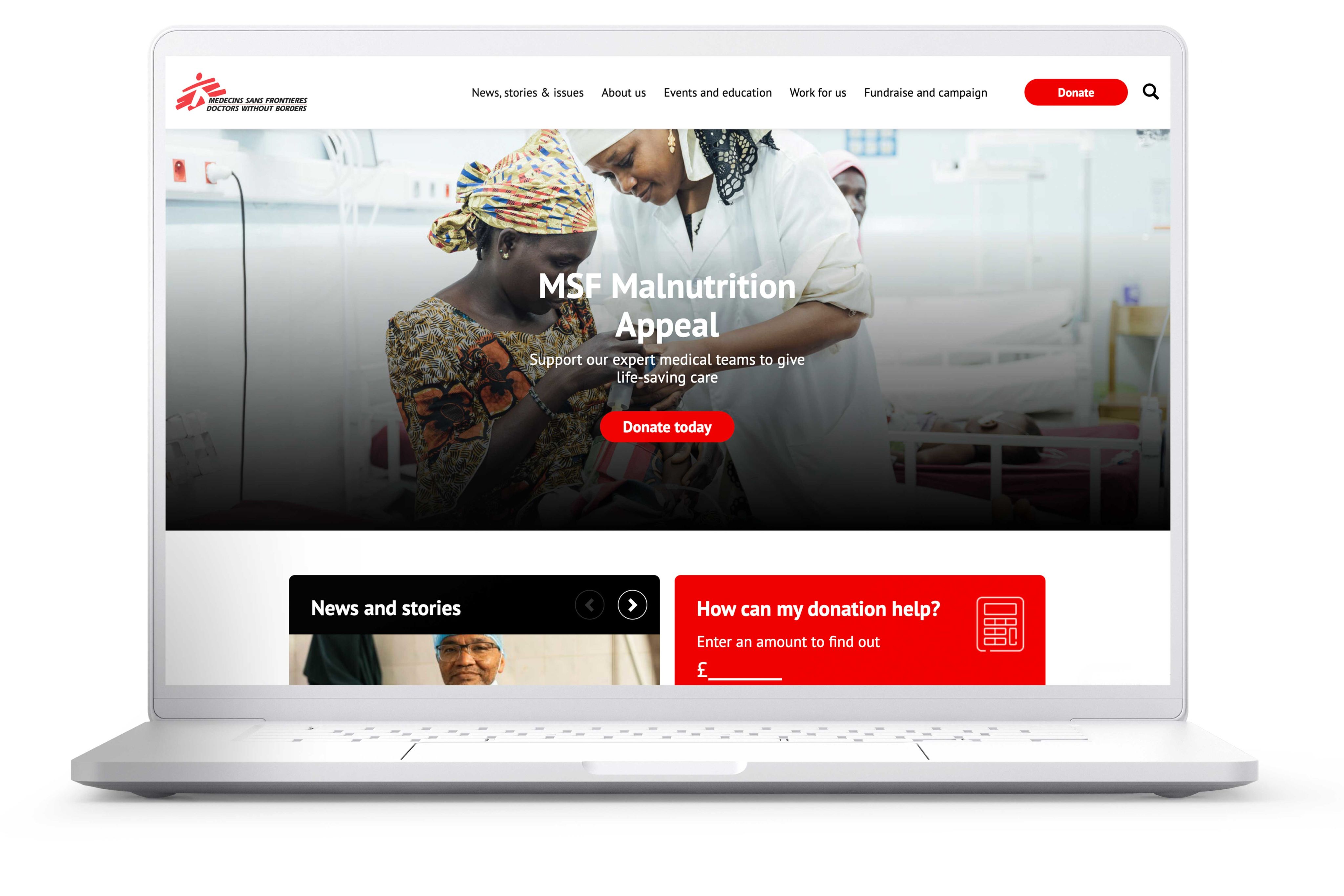 A laptop screen showing the homepage of the MSF website.