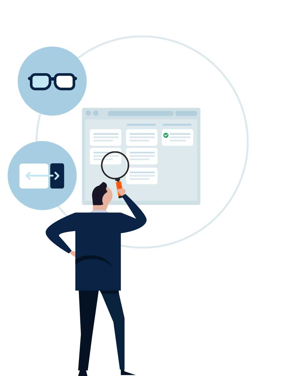 Part two of an illustration of icons depicting content accessibility guidelines in a circle around a website. The first icon represents ensuring web designs are scalable across various screen sizes. The second icon represents ensuring you have designed for people with visual impairments.