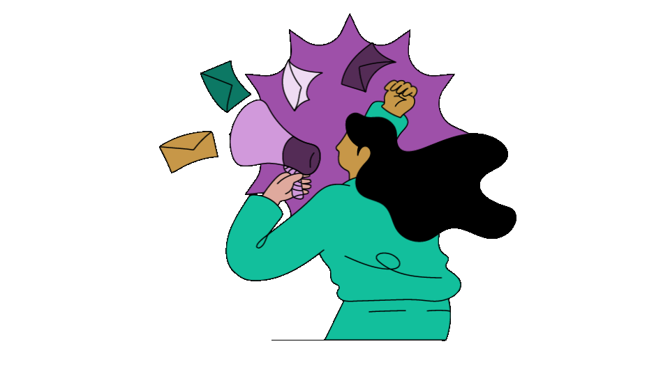 Cartoon illustration of a woman speaking into a megaphone, with envelopes floating around her. 