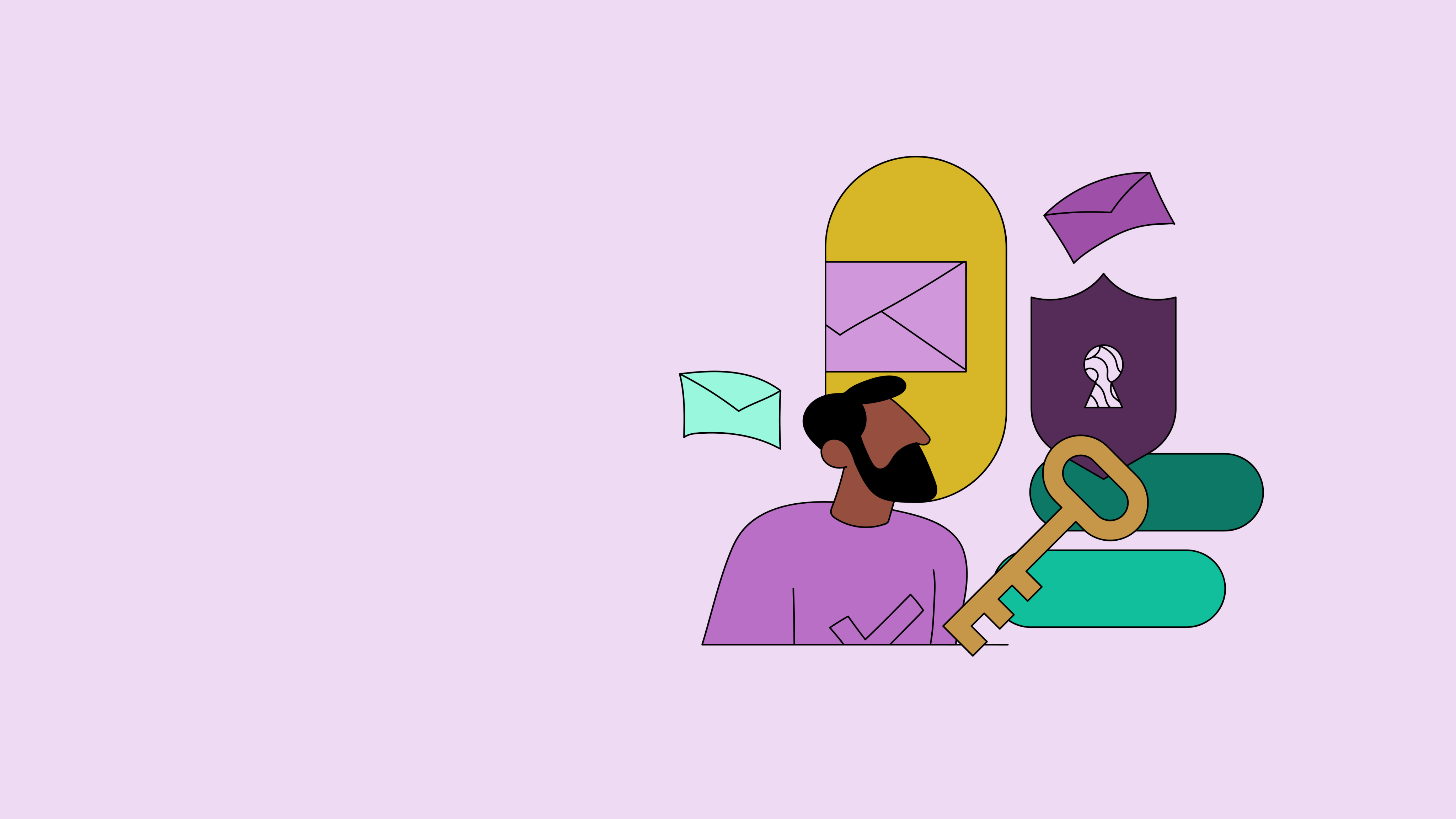 Cartoon illustration of a bearded man surrounded by envelopes, a key, and a keyhole.