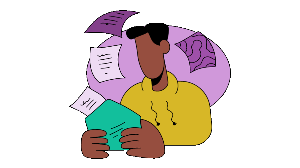 Cartoon illustration of a man taking paper notes out of an enveolope.