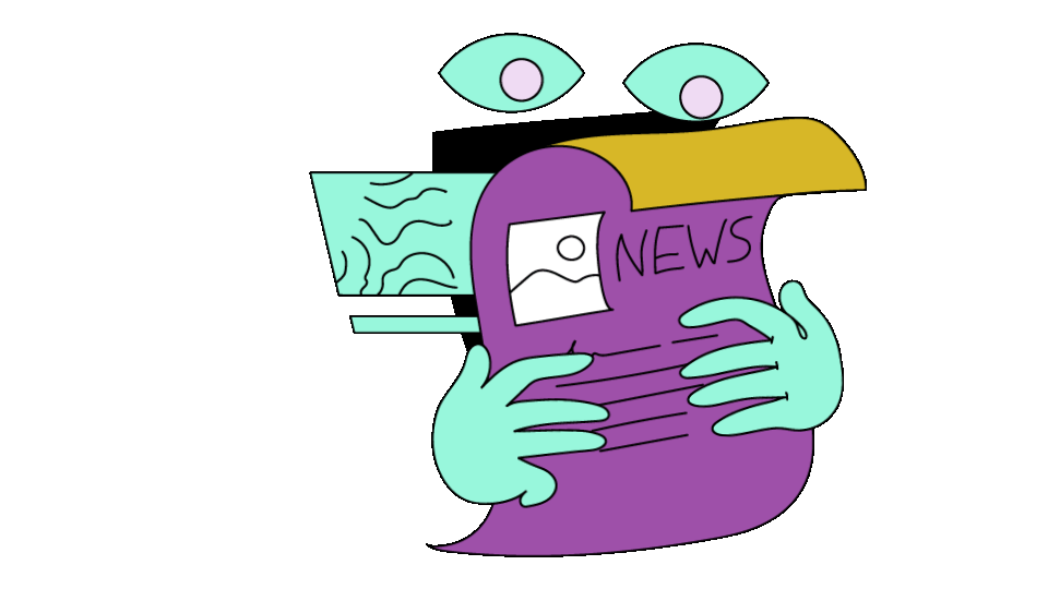 Cartoon illustration of two hands holding a newspaper, with some floating eyeballs looking at it, and envelopes and papers floating around.