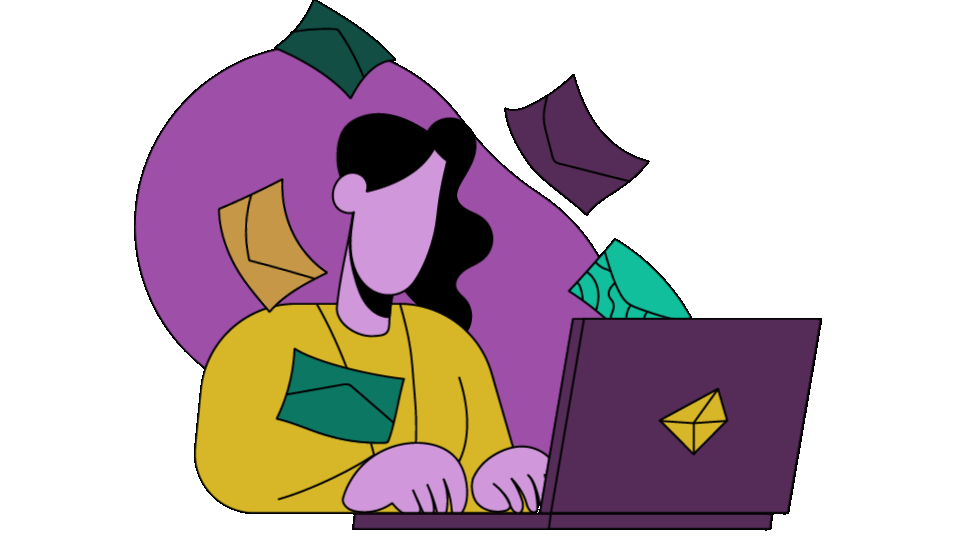 Cartoon illustration of a woman looking at a laptop screen, surrounded by floating envelopes.