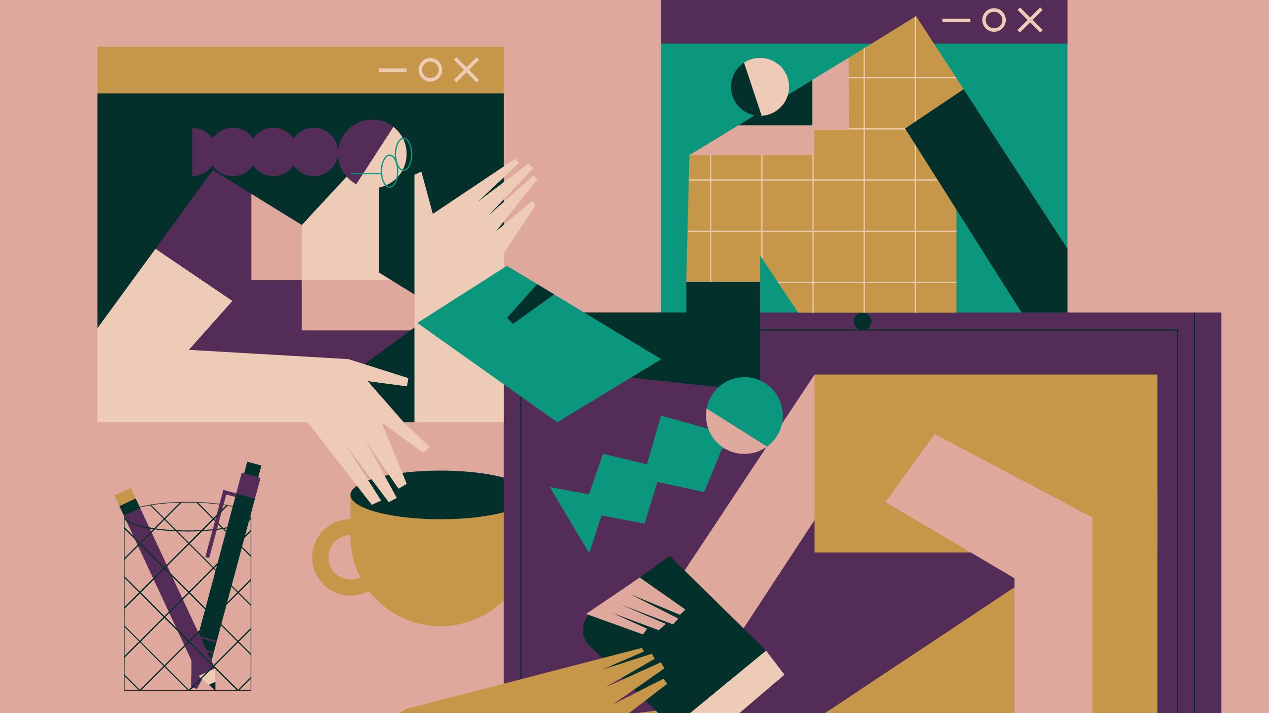 Cartoon illustration of figures inside computer browser windows.