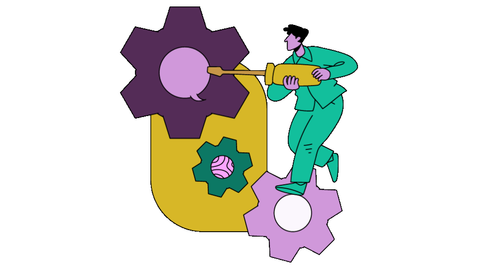 Animated illustration of a man using a screwdriver on some cogs.
