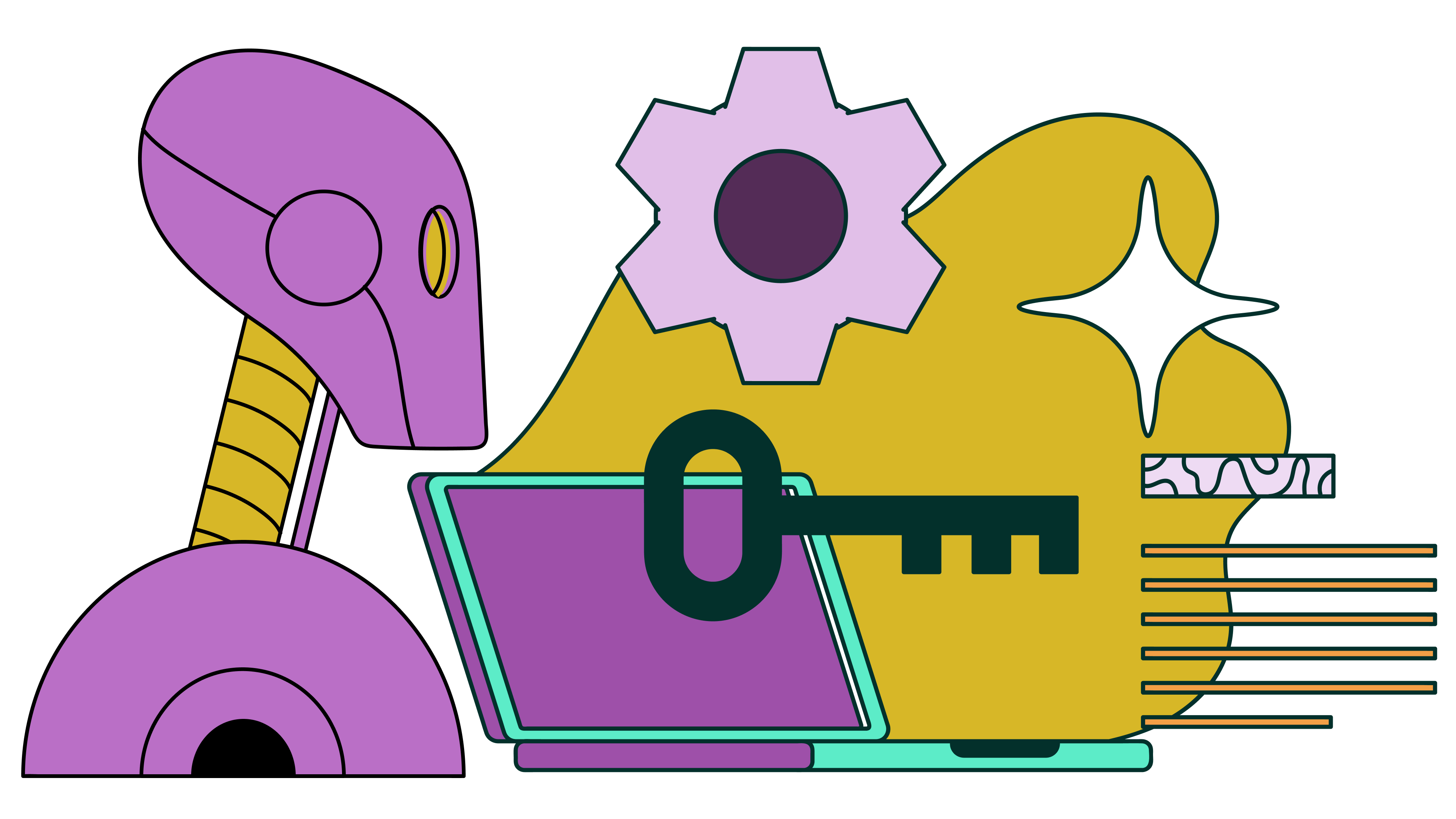 GEO, or generative engine optimisation, represented in a cartoon illustration using a robot, a key in front of a computer screen, a cog, and some lines of text.