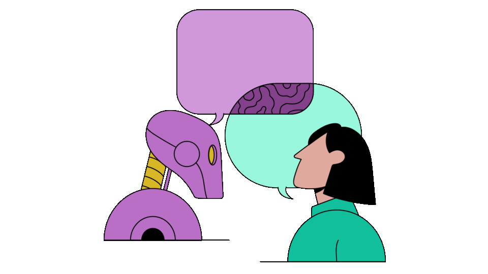 Cartoon illustration of a robot and a woman with black hair interacting using speech bubbles.