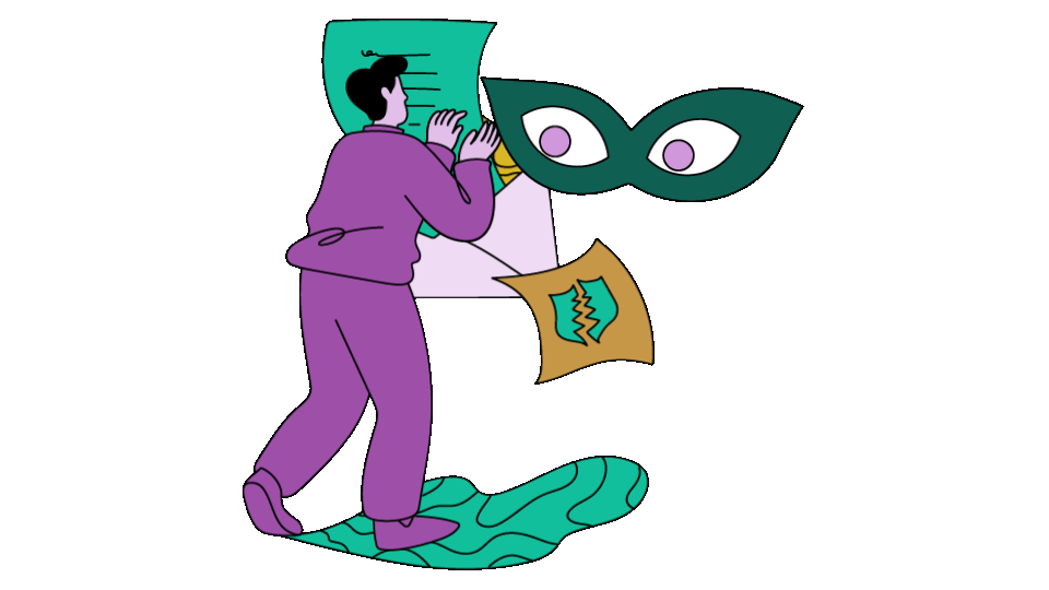 Cartoon illustration of two giant eyes looking at a person taking paper out of a jumbo envelope and reading it.