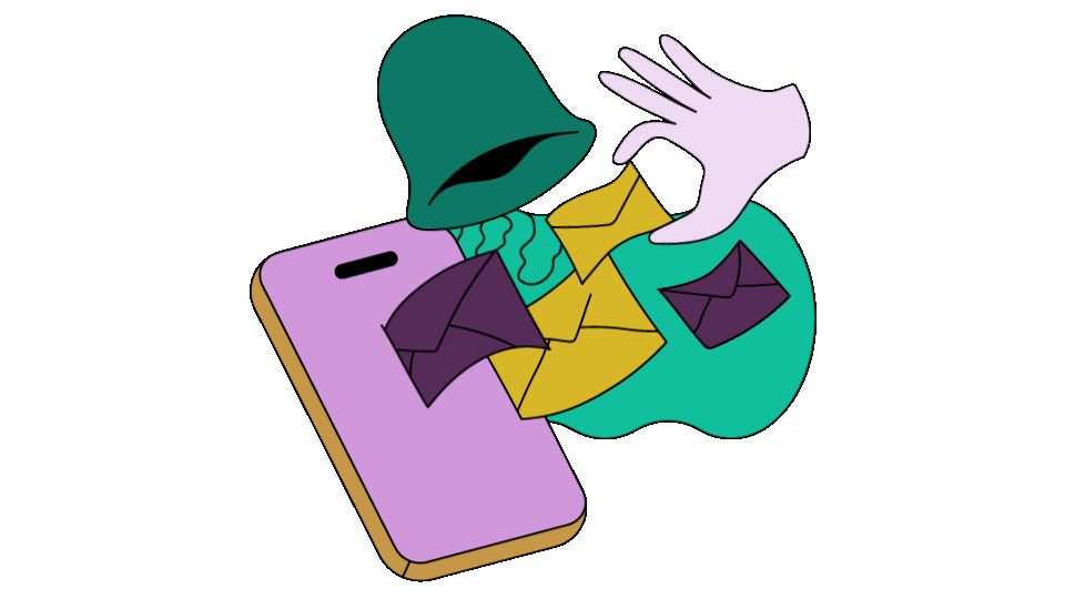 Animated illustration of a hand holding envelopes over a smartphone. Representing receiving messages.