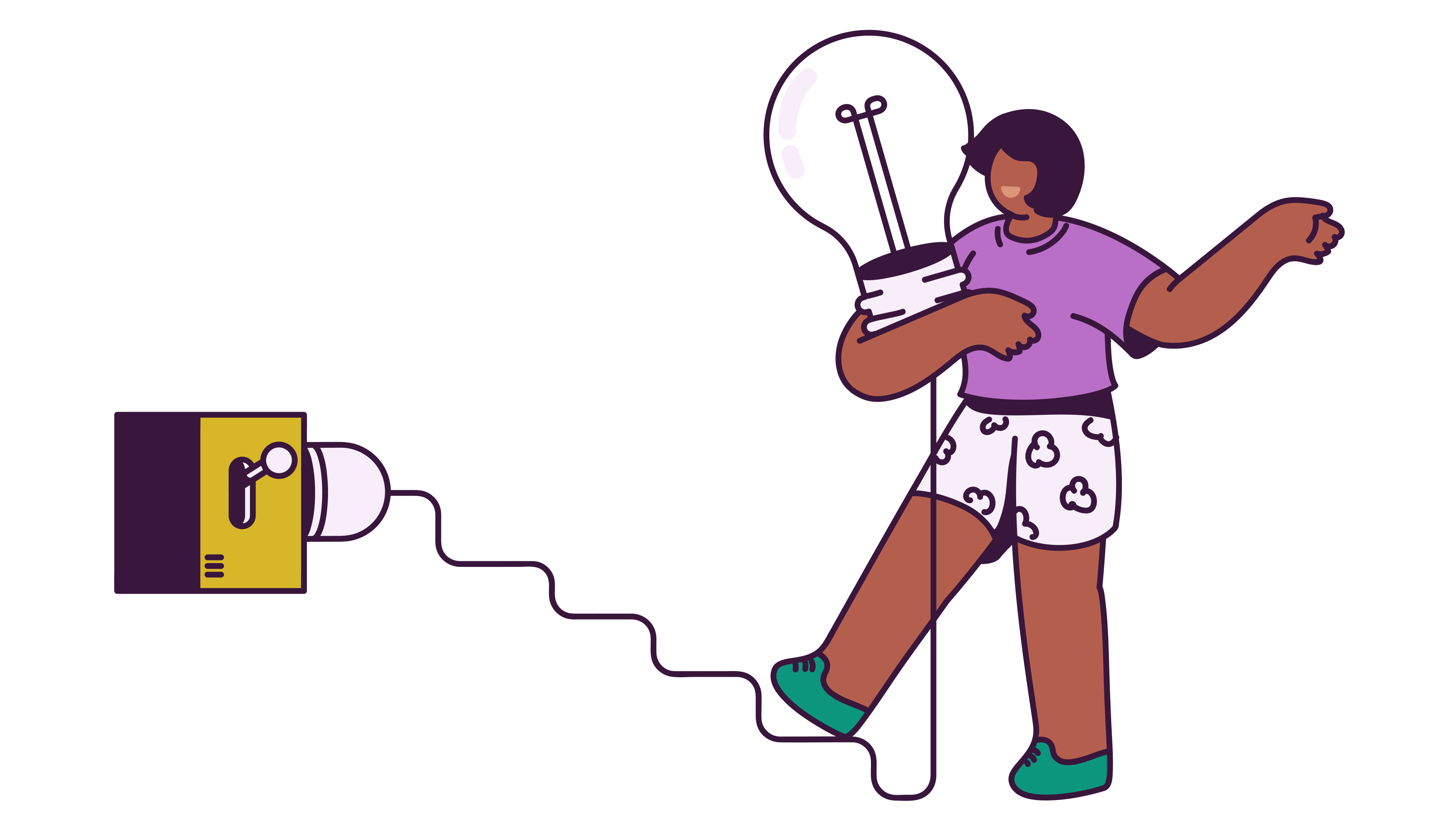 Cartoon image of a woman with brown skin holding a giant lightbulb plugged into a giant power switch.