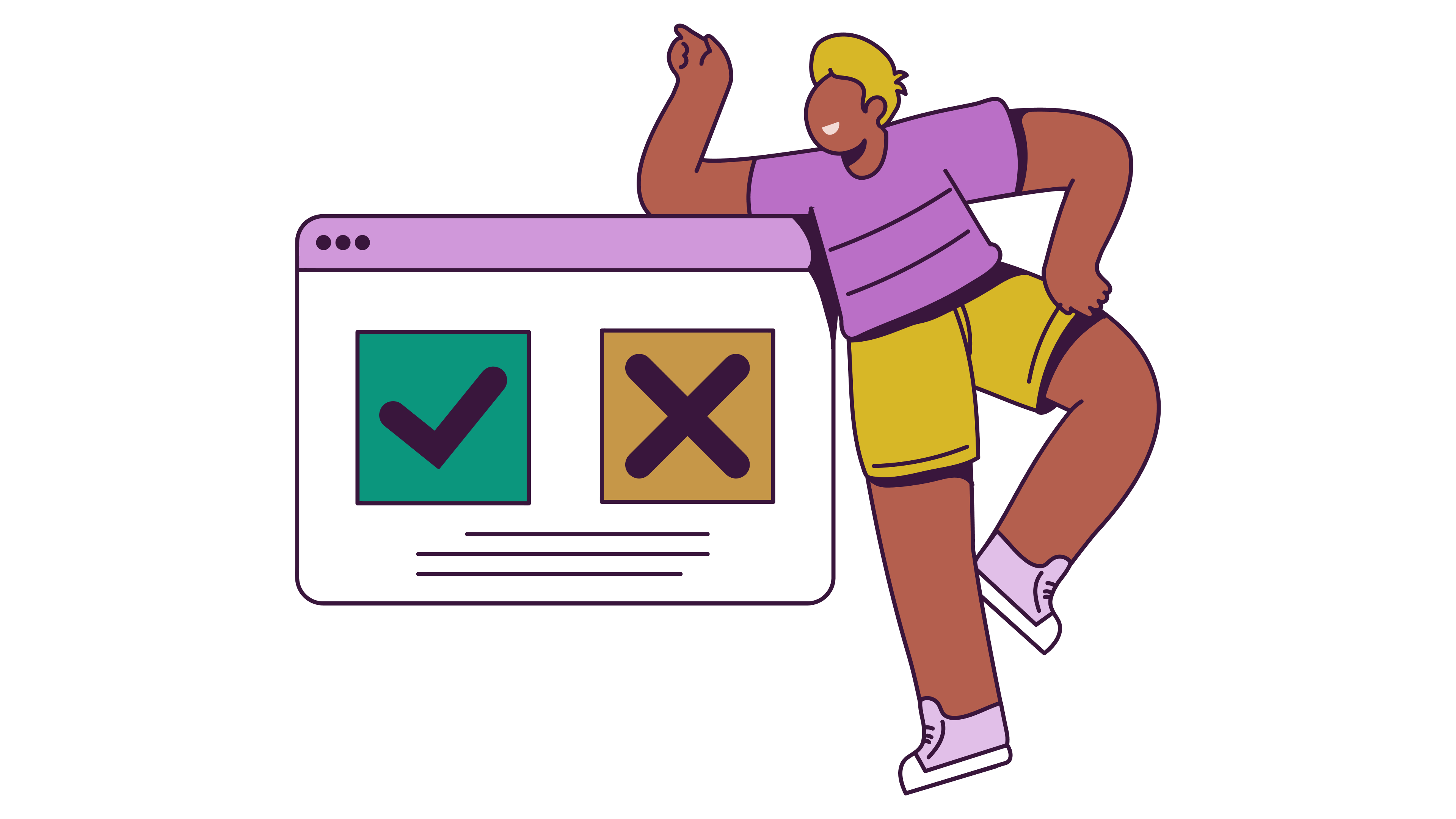 Cartoon illustration of a man with tan skin and blonde hair standing next to a browser window with a check and a cross on it.
