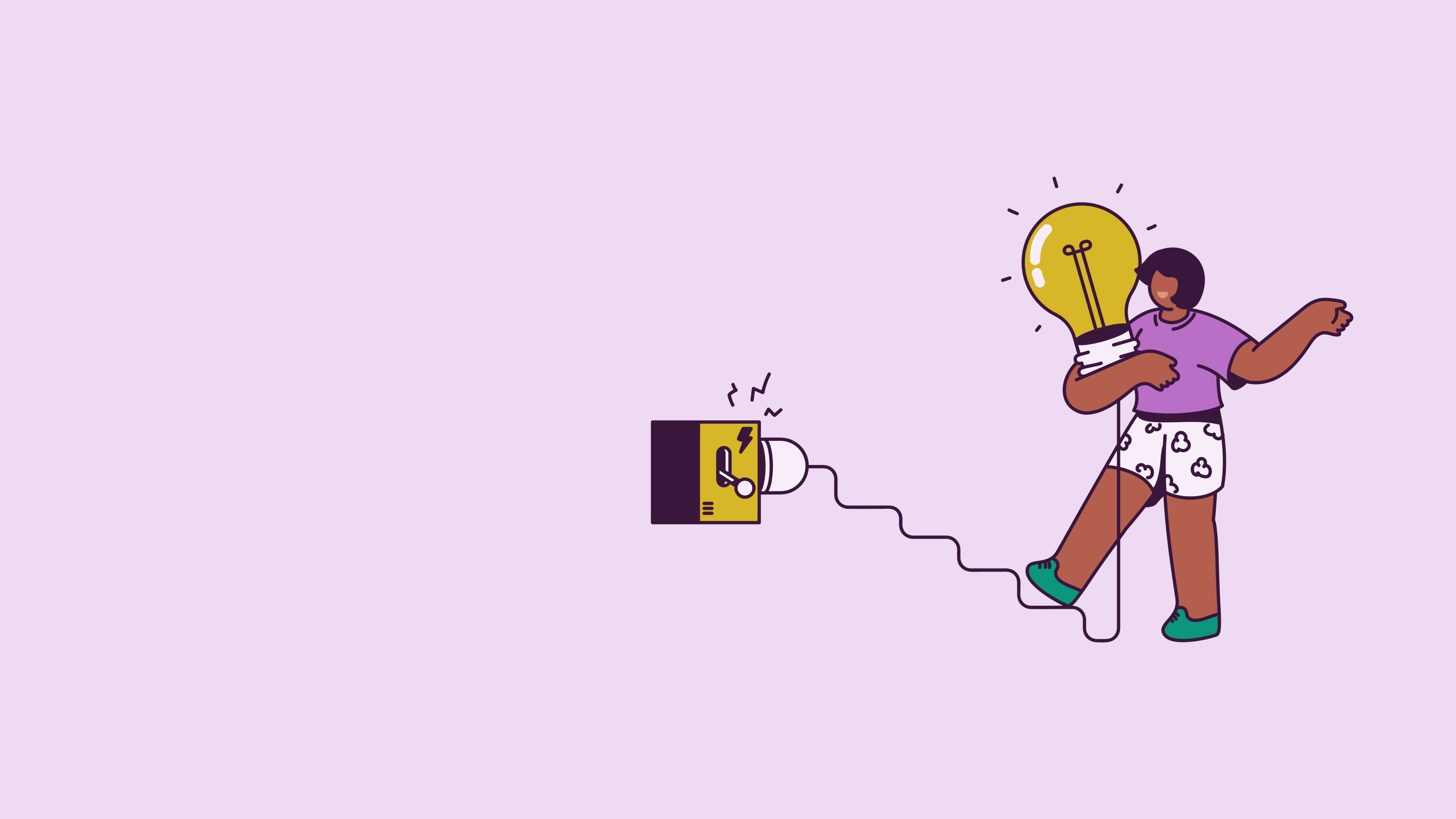 Cartoon image of a woman with brown skin holding a giant lightbulb plugged into a giant power switch.