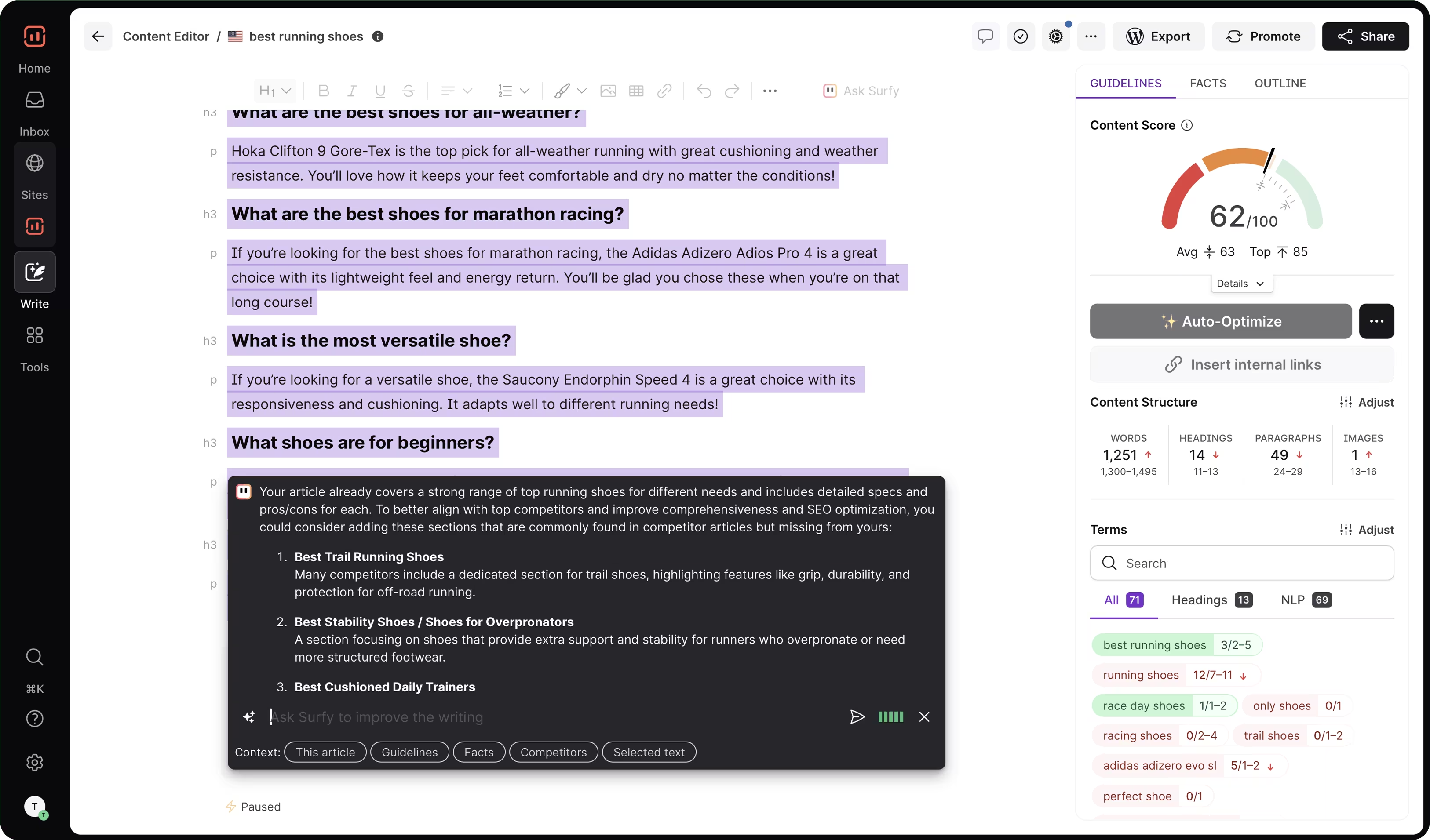 A screenshot of Surfer AI GEO writing tool user interface.