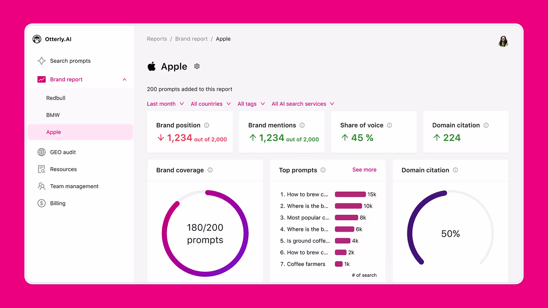 A screenshot from Otterly AI search tracking user interface.