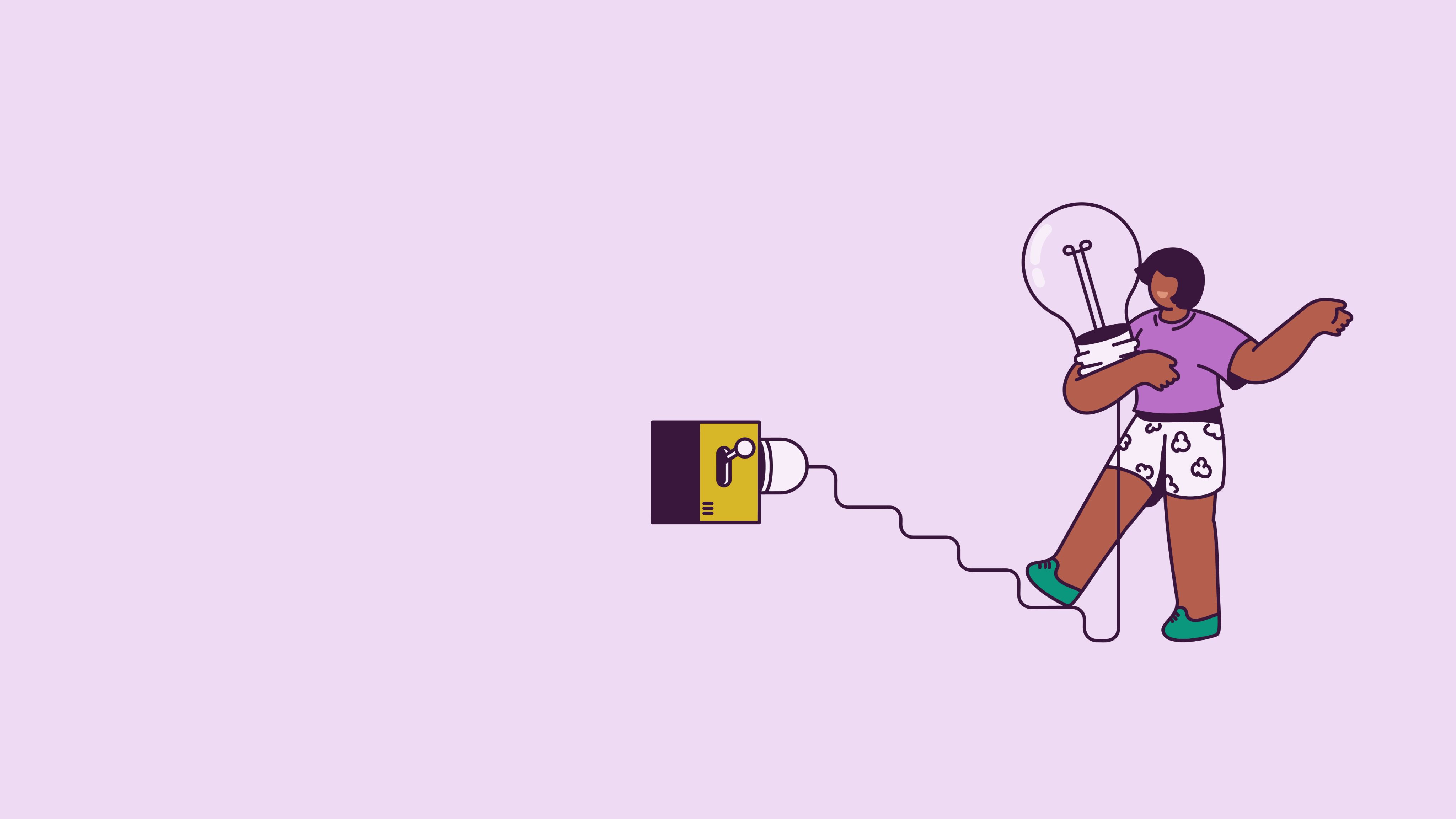 Cartoon image of a woman with brown skin holding a giant lightbulb plugged into a giant power switch.