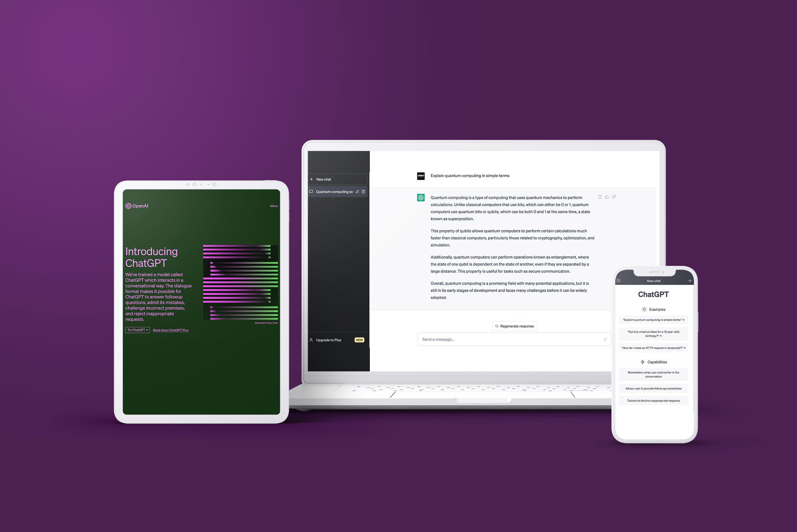 A tablet, desktop, and smartphone showing ChatGPT's website.