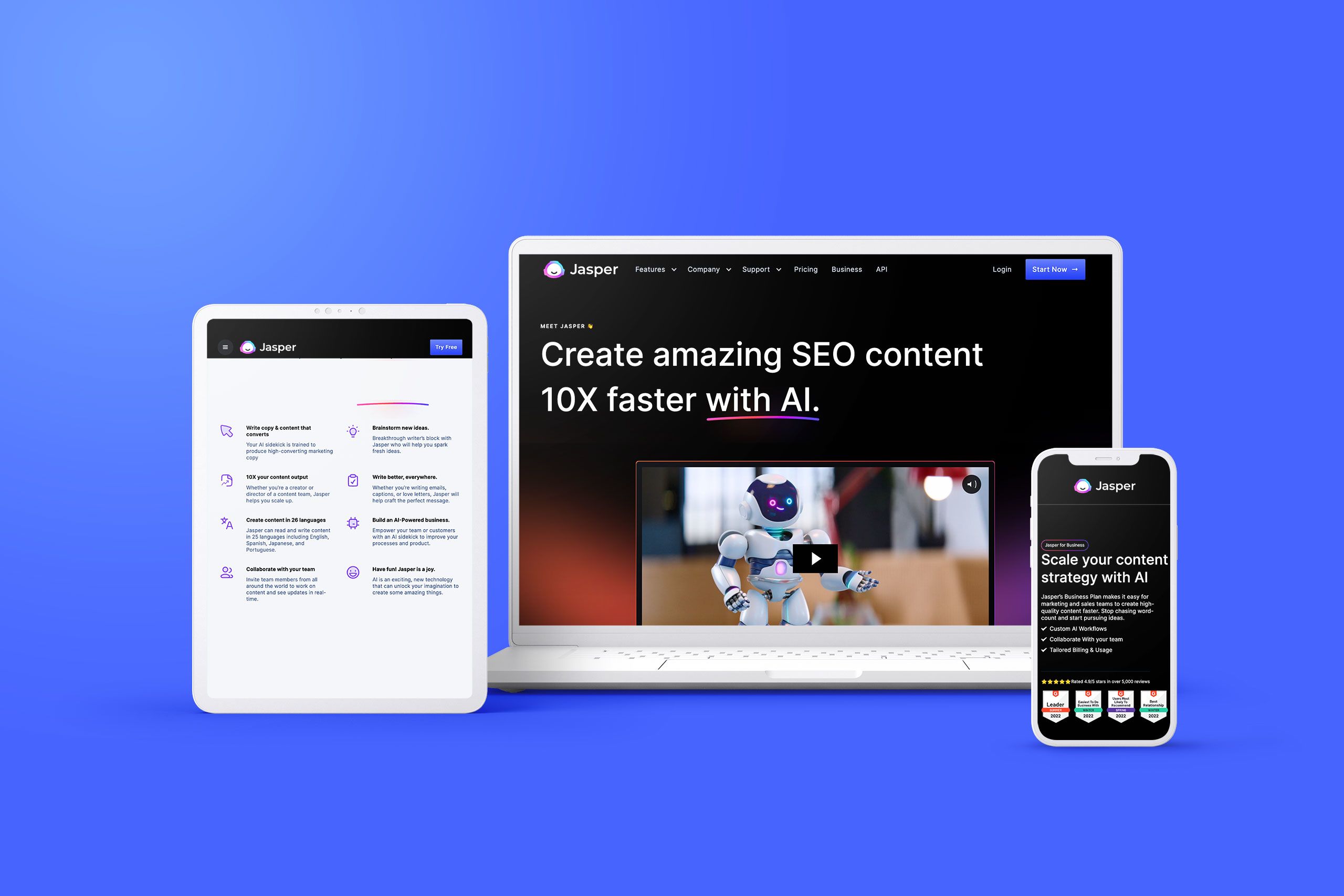 A tablet, desktop, and a smartphone showing Jaspar AI's website.