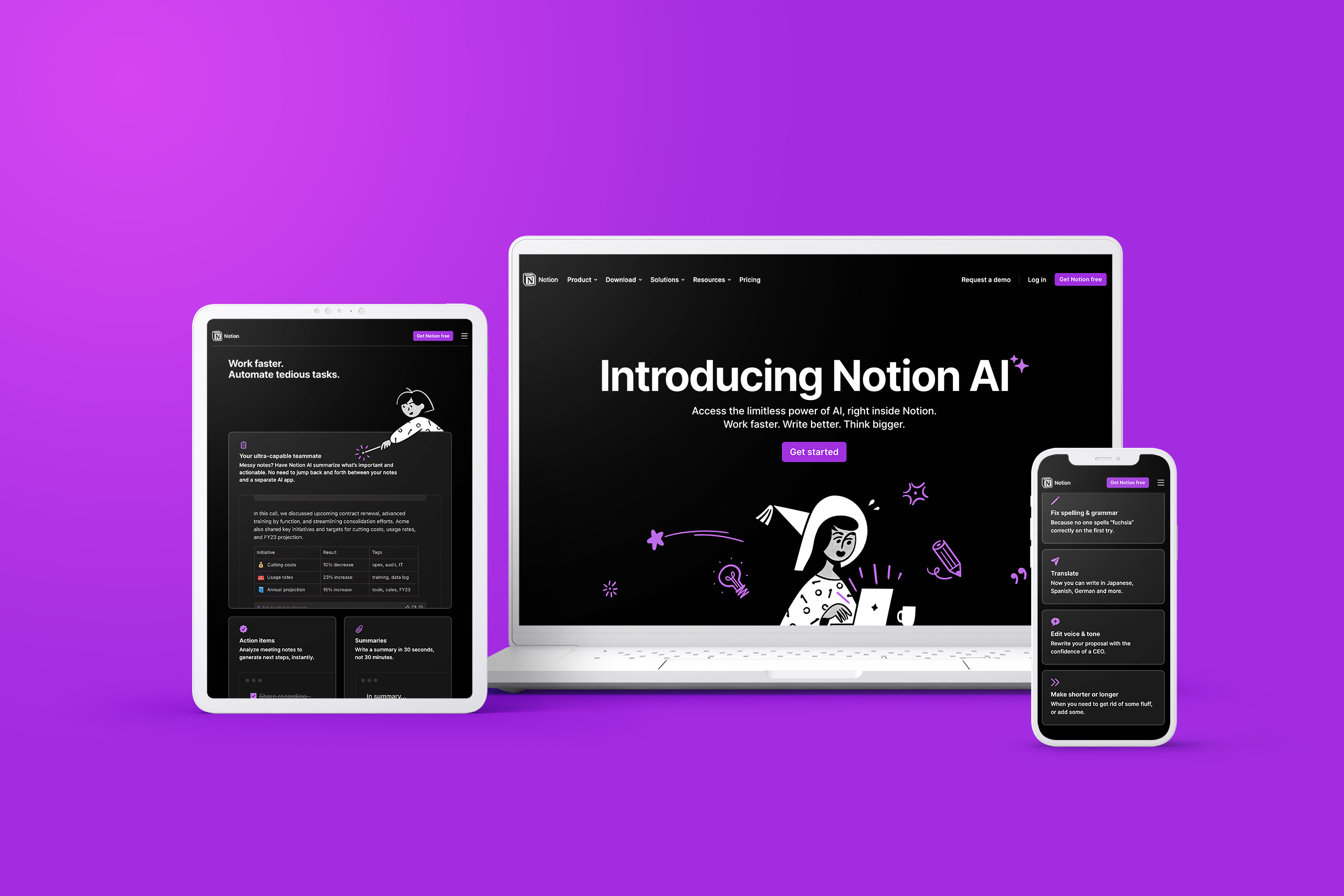 A tablet, an open laptop, and a smartphone showing Notion's website.