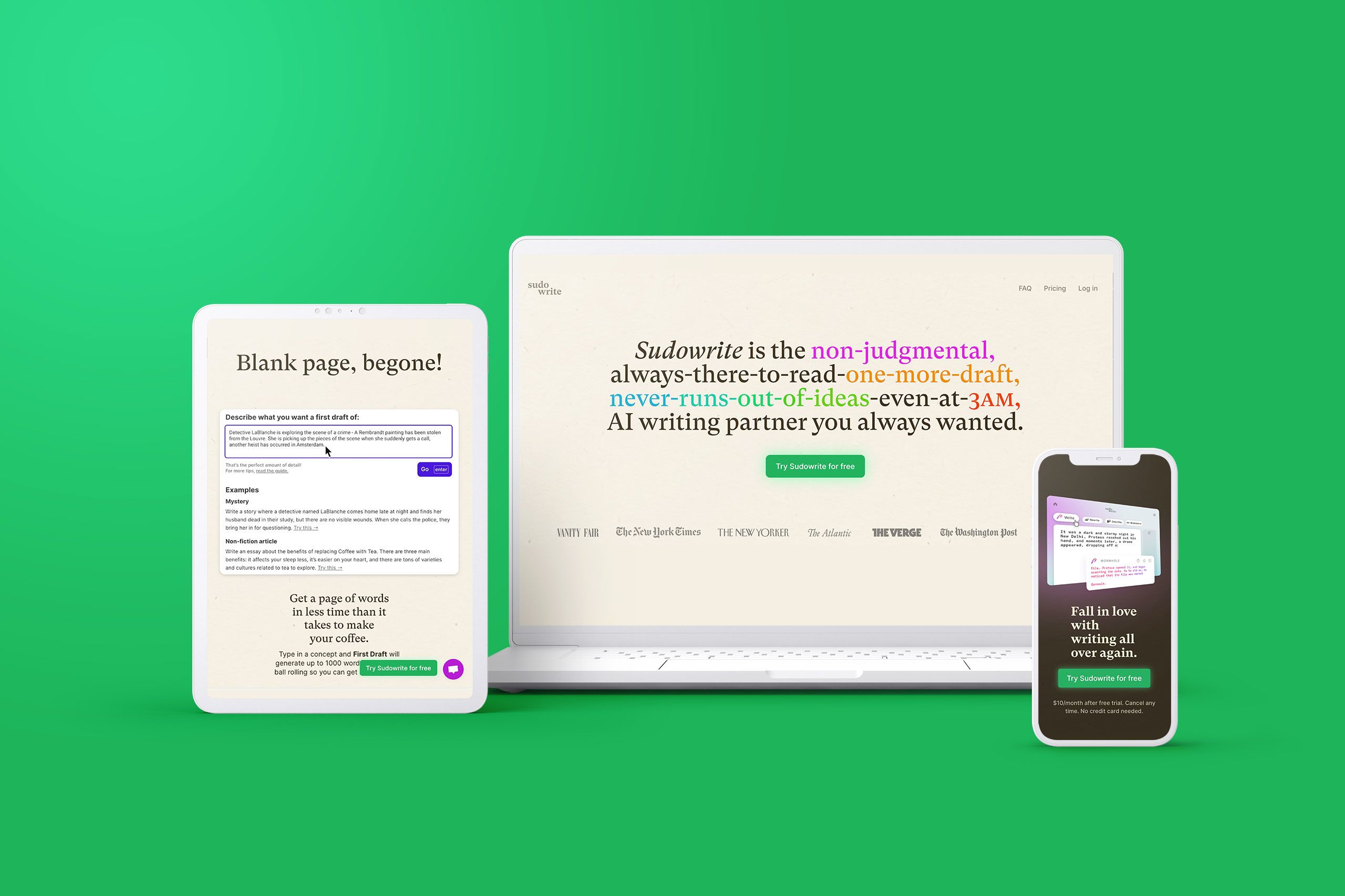 A tablet, a desktop, and a smartphone from Sudowrite's website.