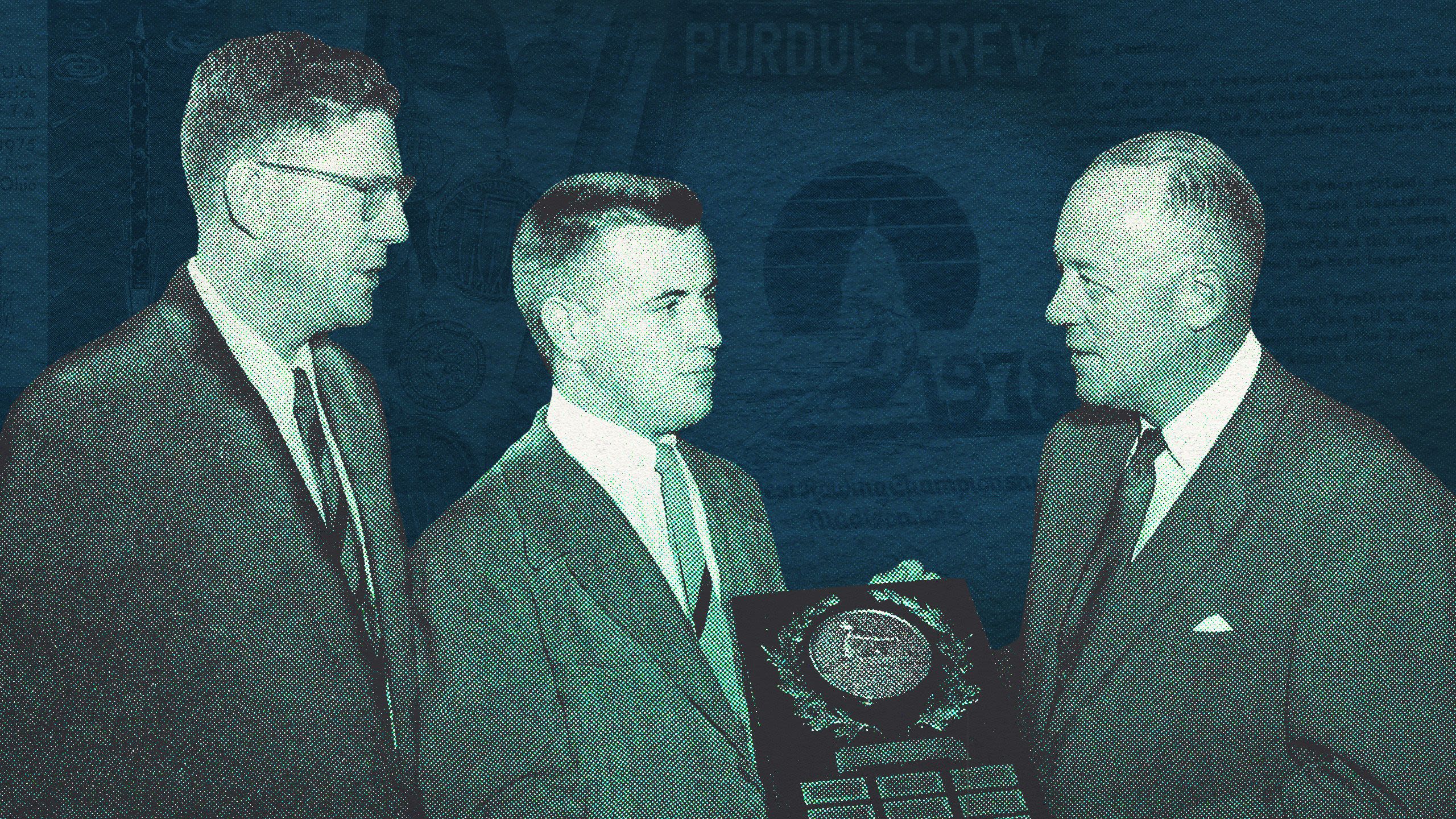 Black and white photo of three men with white skin in suits, one holding a pennant.