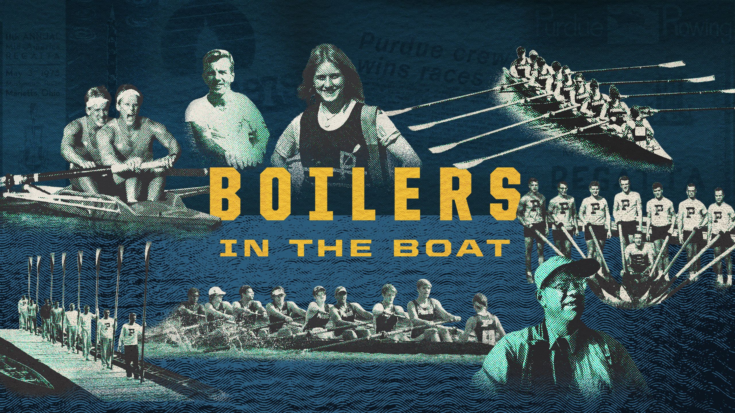 Black and white photos of rowing teams, from the cover of alumni communications magazine.