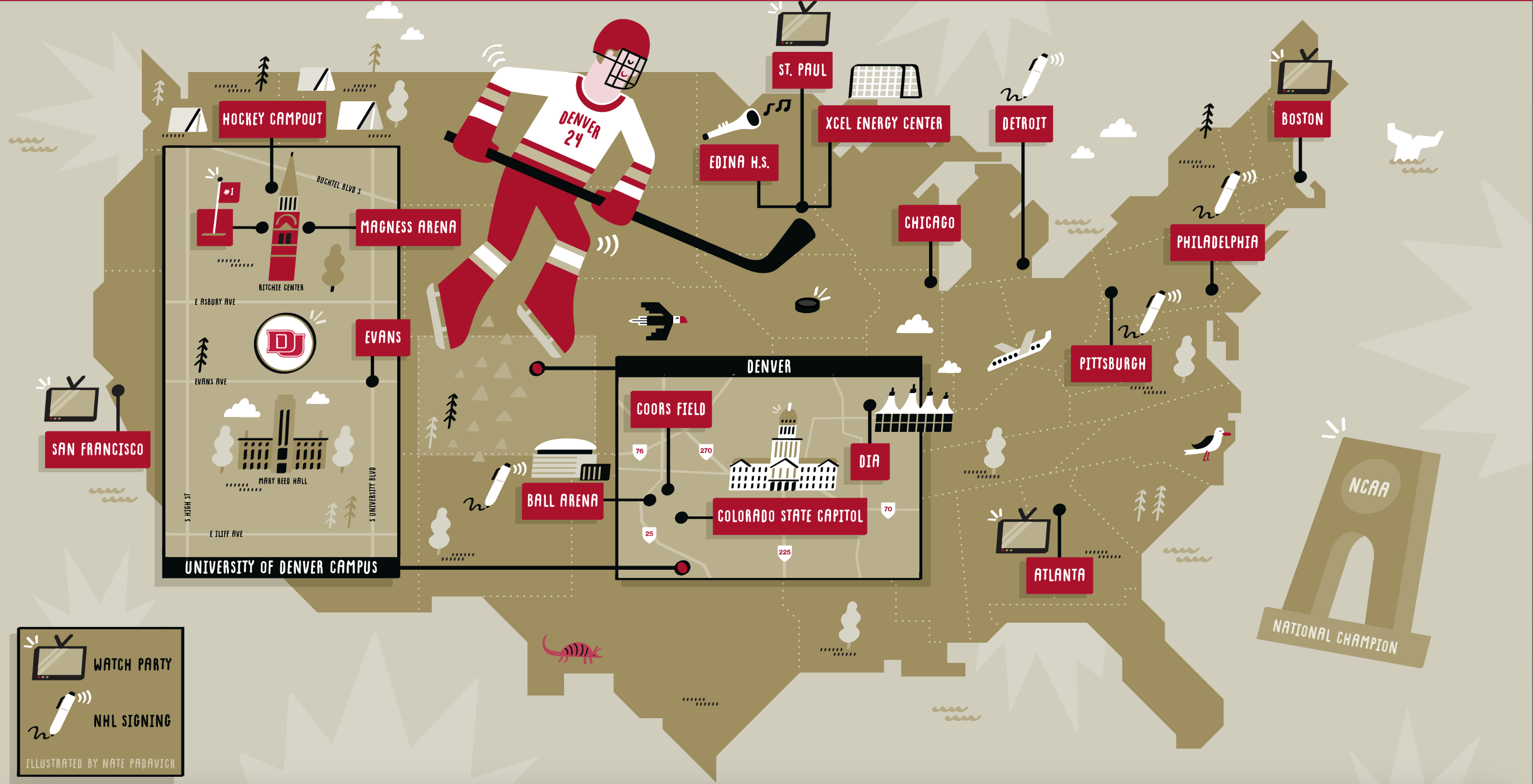 Illustrated map with a cartoon hockey player on top, from a university sports article.