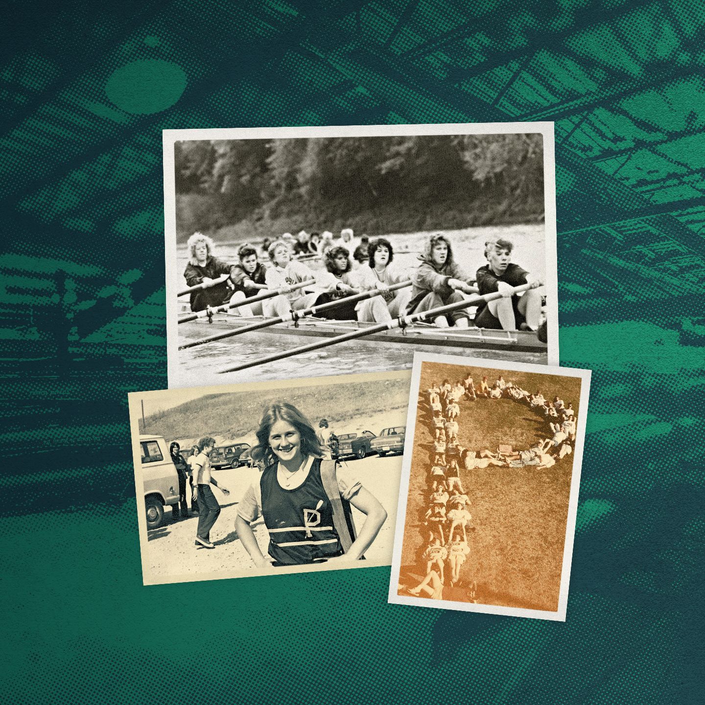 Three old photographs of rowing teams, taken from an alumni magazine example.