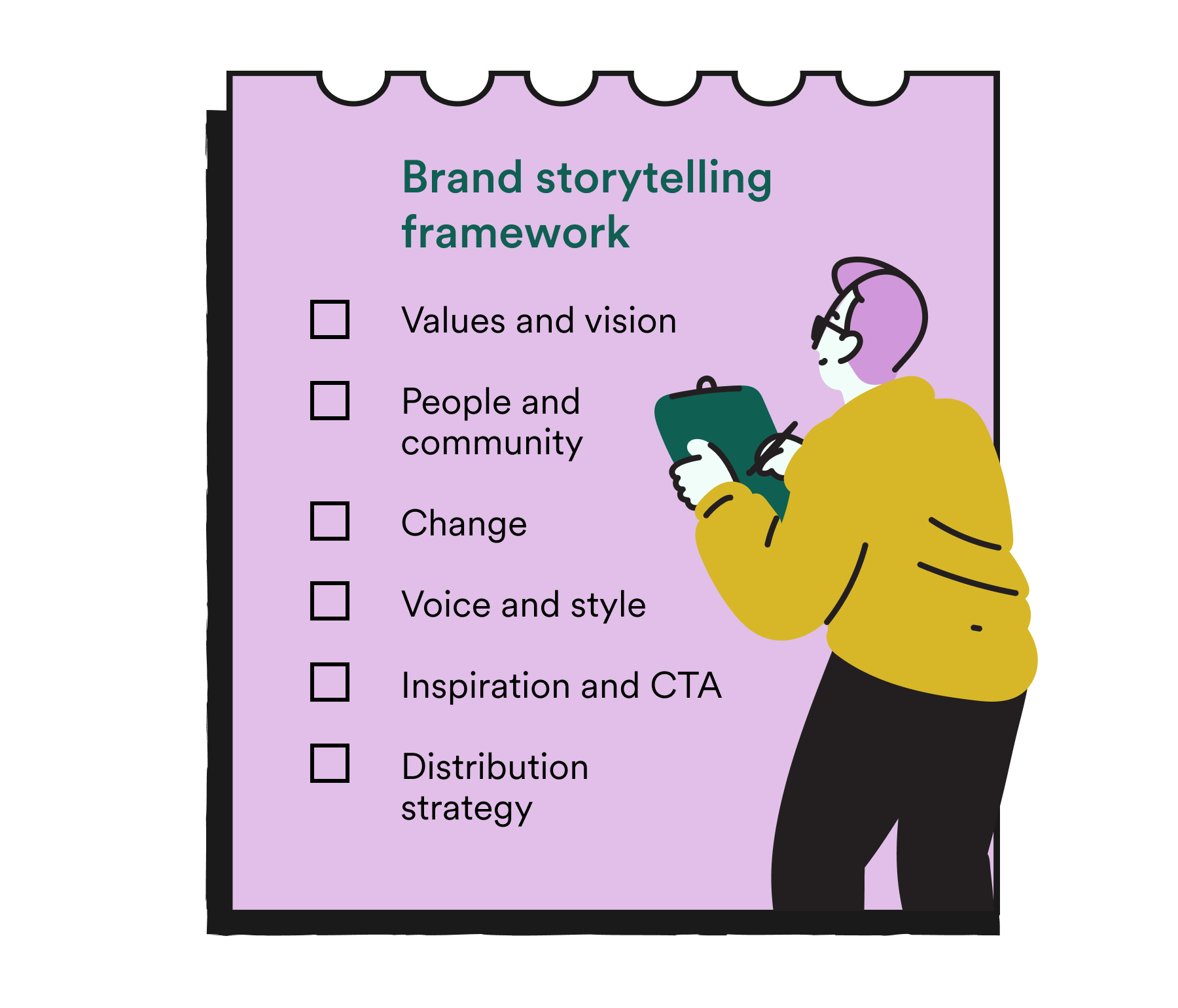 Cartoon illustration of a man looking at a brand storytelling framework