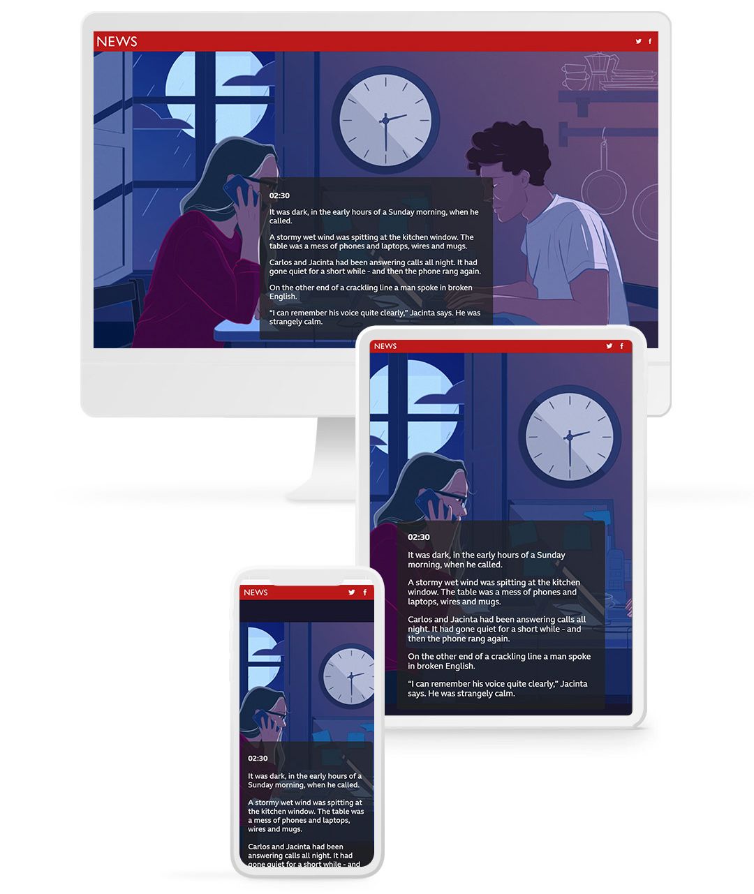 Illustration of 2 people at table on monitor, tablet, and phone