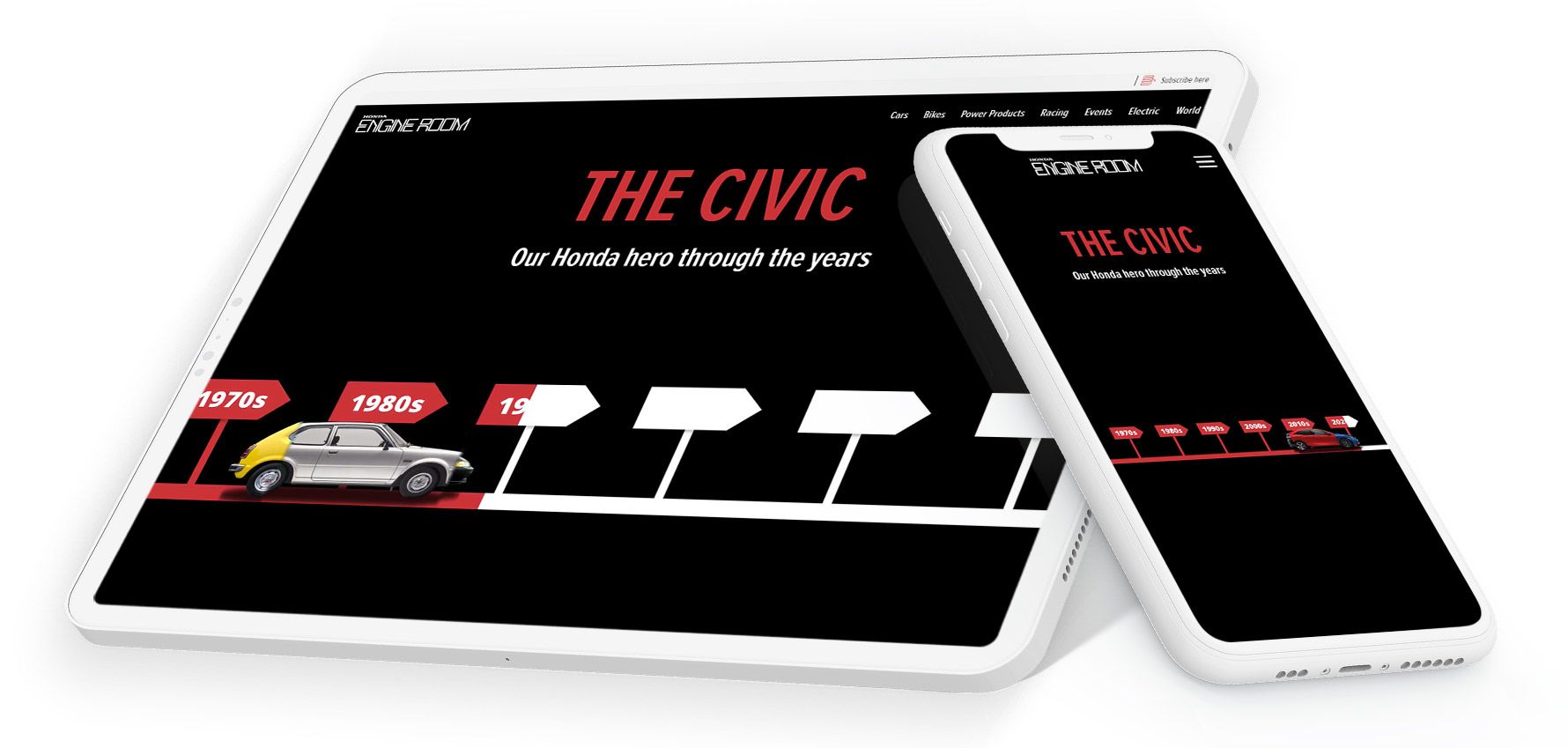 An illustrated Honda Civic driving along a timeline, on tablet and phone.