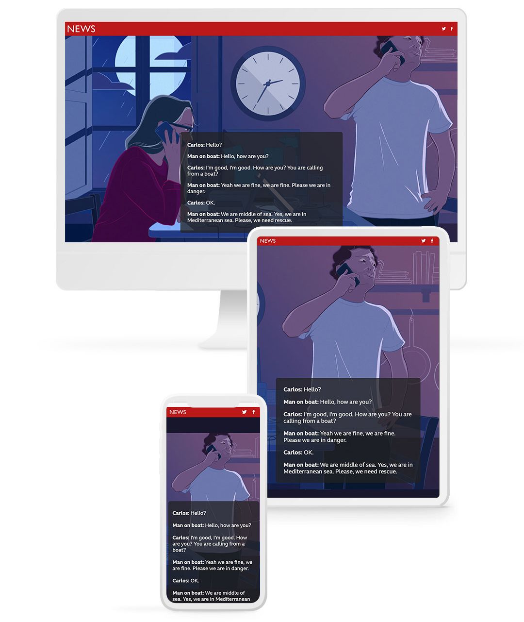 Illustration of a man talking on monitor, tablet, and phone