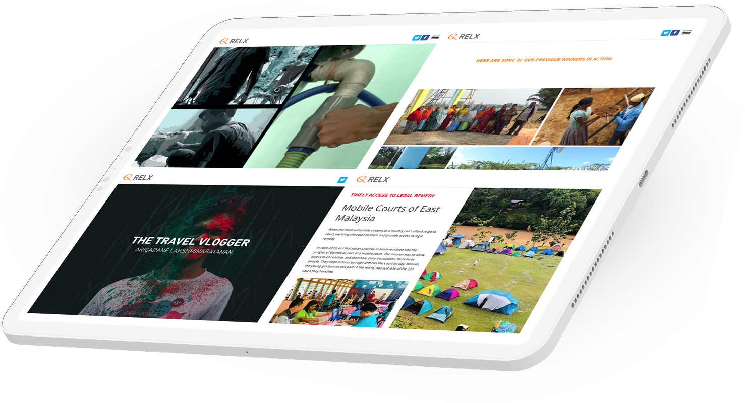 A tablet with a collage of digital stories by RELX on screen.