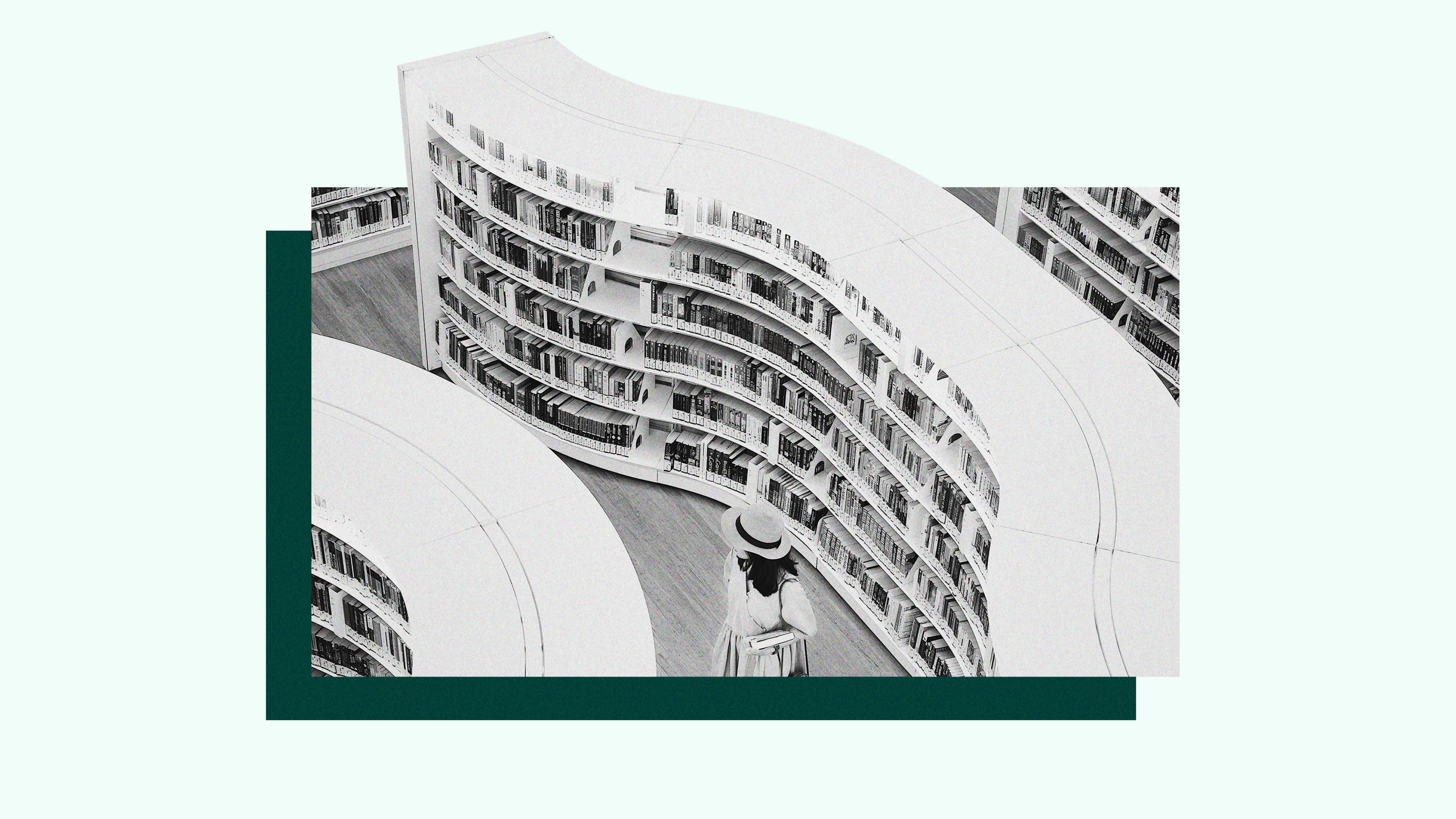 Woman browsing in library aisle.