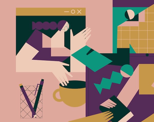 Cartoon illustration of computer screen windows with people in them.