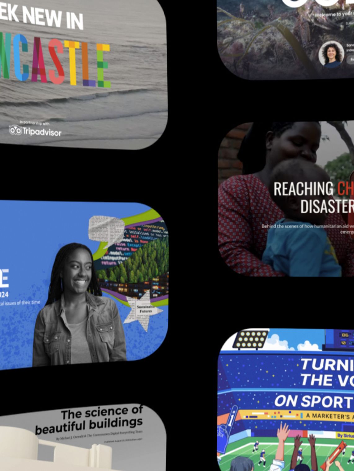 Screenshots from various digital stories are arranged on a black background.