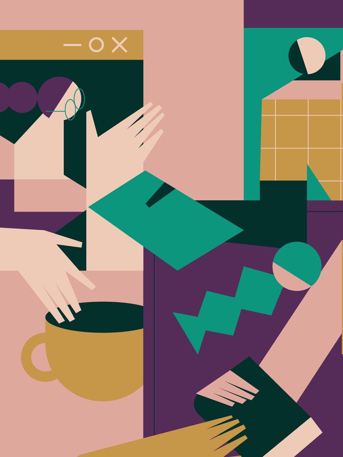 Abstract cartoon illustration of computer monitor windows open with various images.