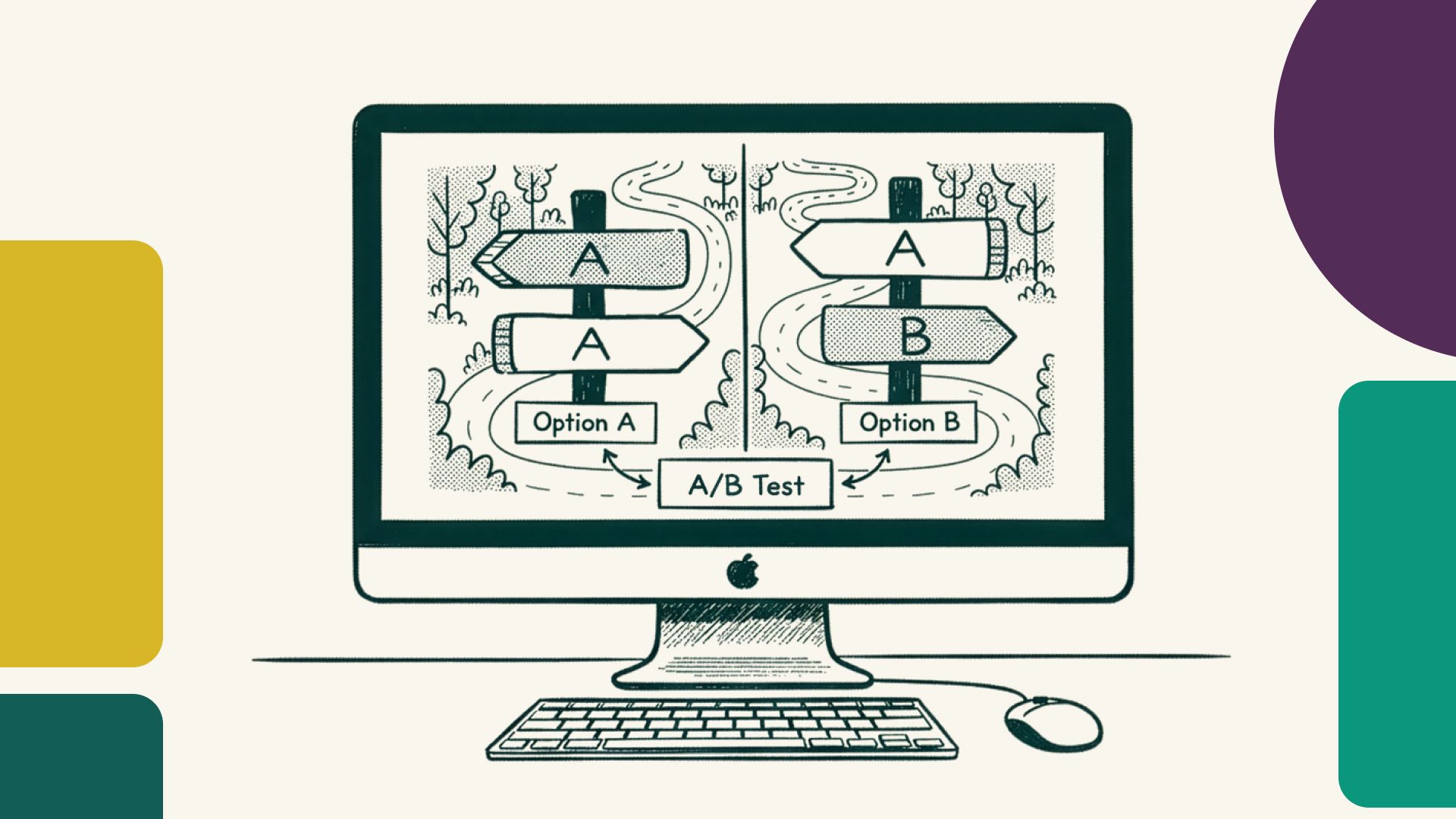 An illustrated computer screen with street signs pointing in direction A and B on a road.