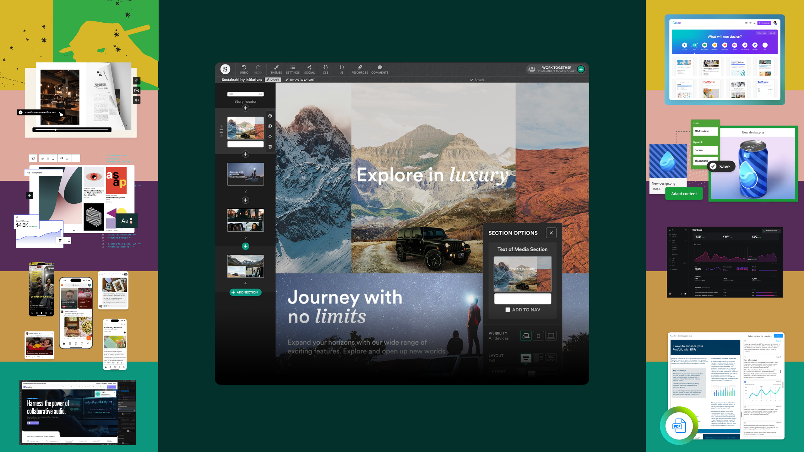 Screenshots from a range of digital publishing platform interfaces.
