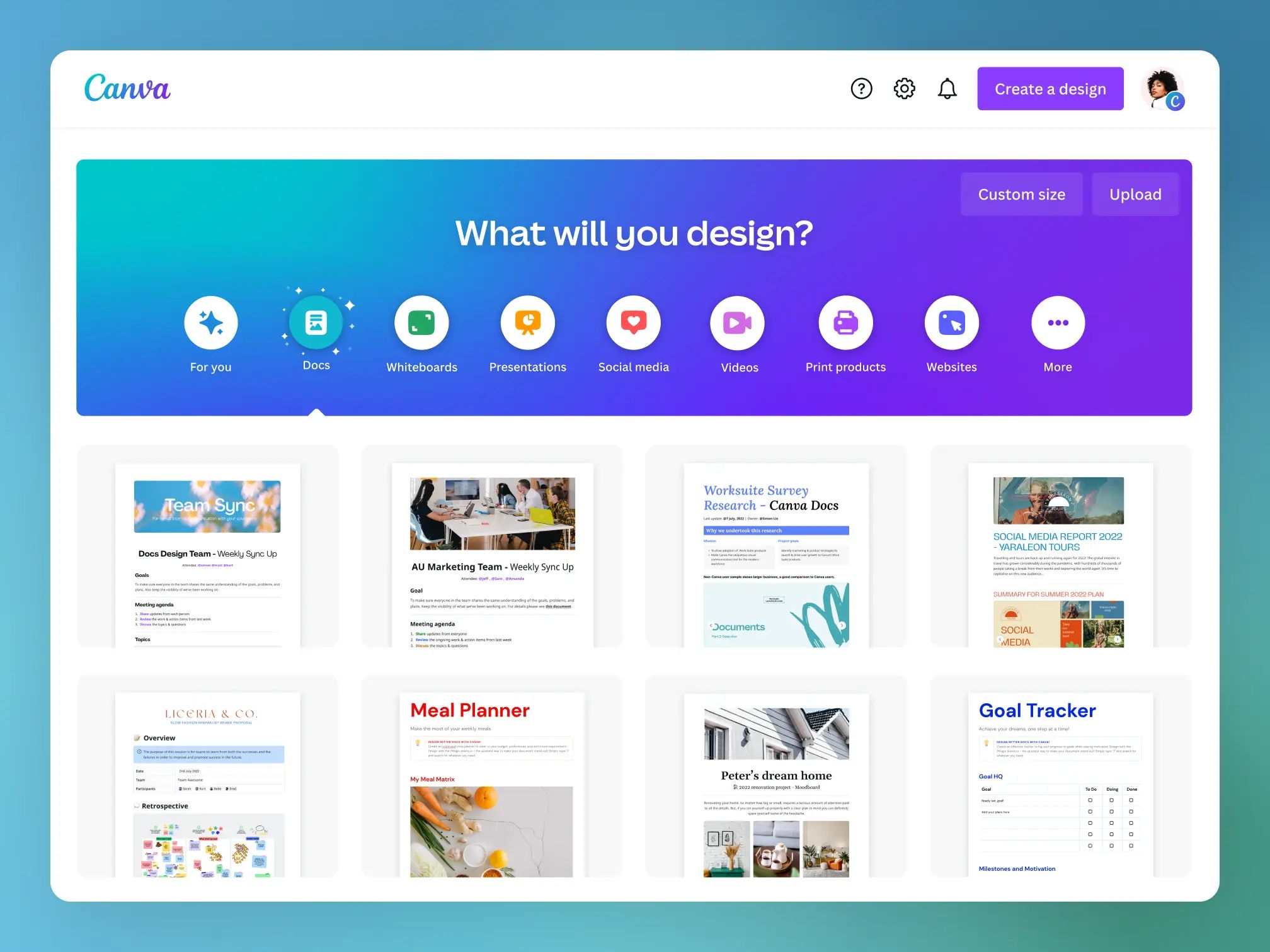 A screenshot from Canva's website, with a blue header section, white background, and eight different tool icons.