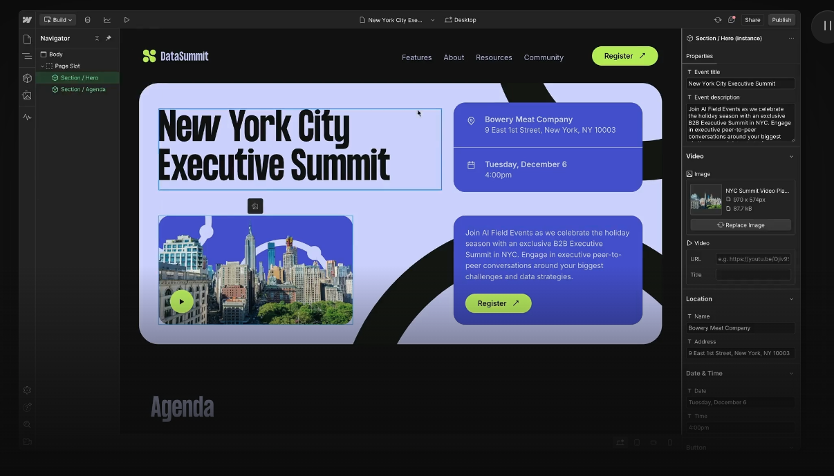 a screenshot from the Webflow digital publishing interface, building a page for a NYC executive summit.