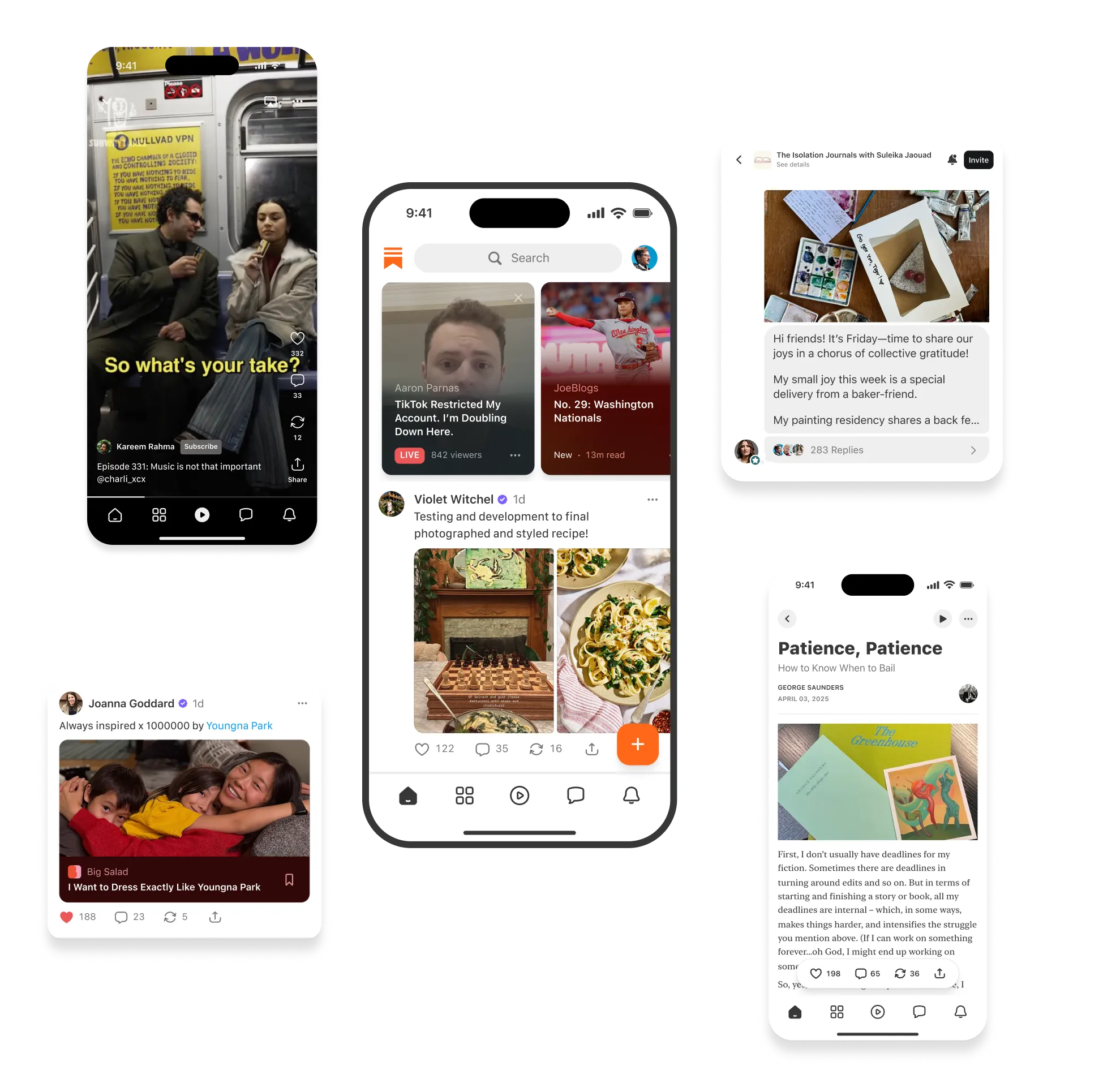 five different device screens with screenshots of user blogs on them