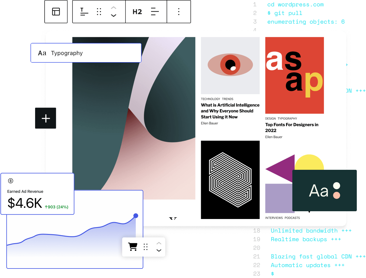 A screenshot from Wordpress' website featuring a range of colourful images and sections of text.
