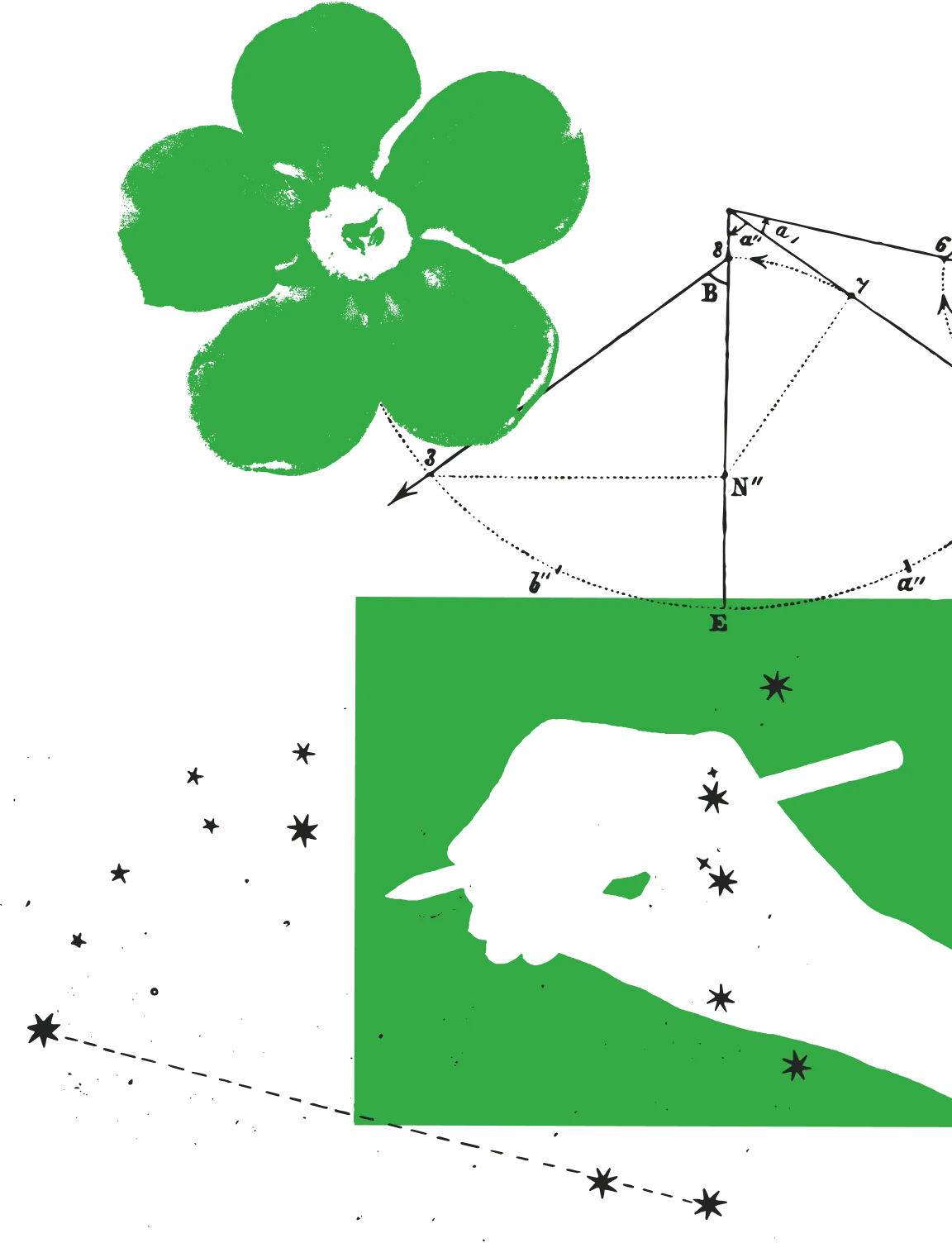 A green flower and silhouette of a hand holding a pencil sit in the background, with black dots and angle charts in the foreground.