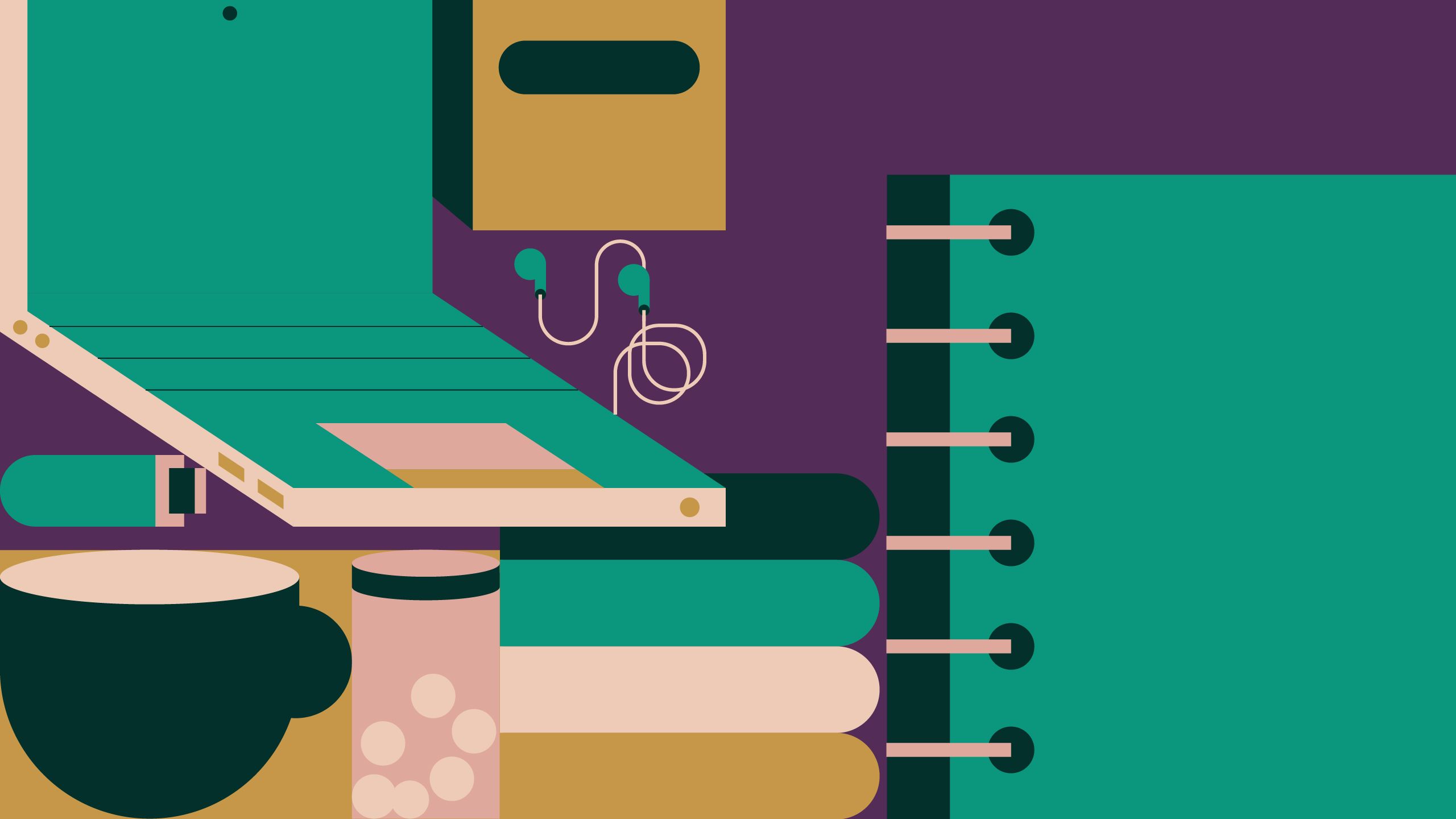 Illustration of a laptop, headphones and notebook