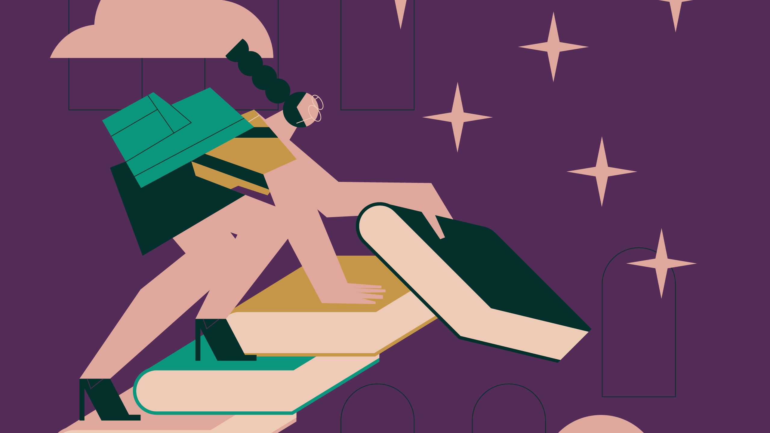 Illustration of a person climbing up a stack of books
