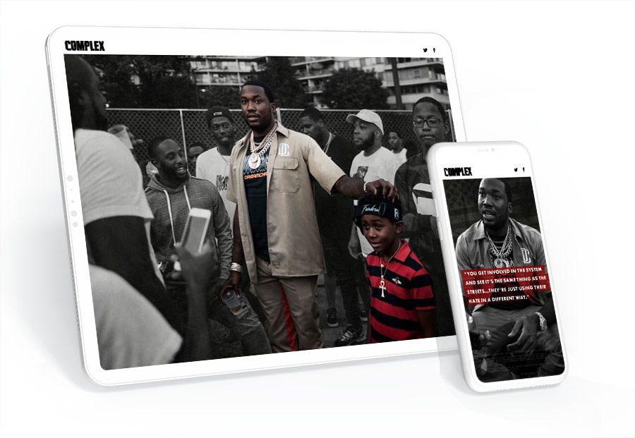 Images of Meek Mill in a group of men, on tablet and phone.