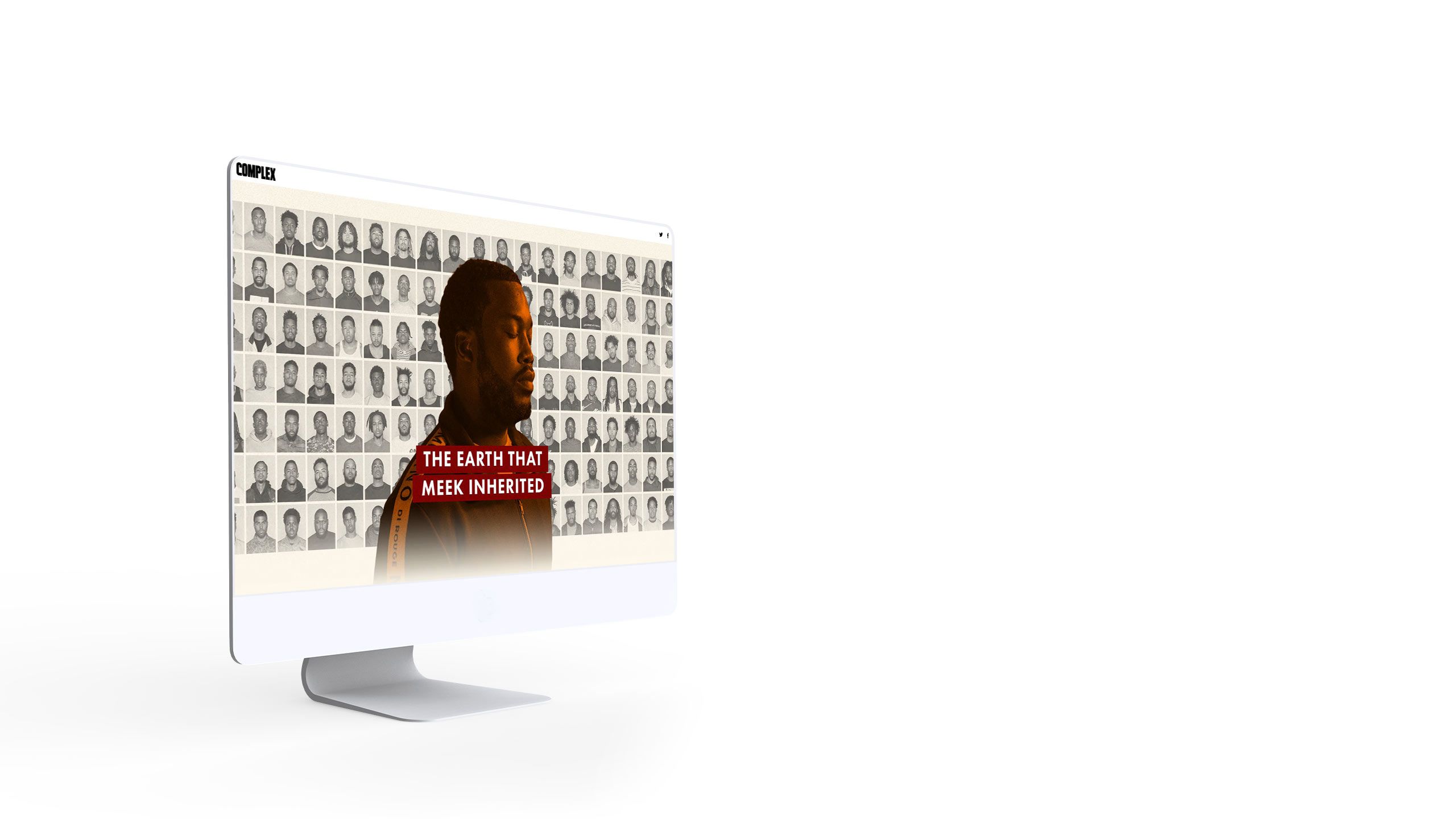 Photo of Meek Mill, in front of dozens of photos of Black men.