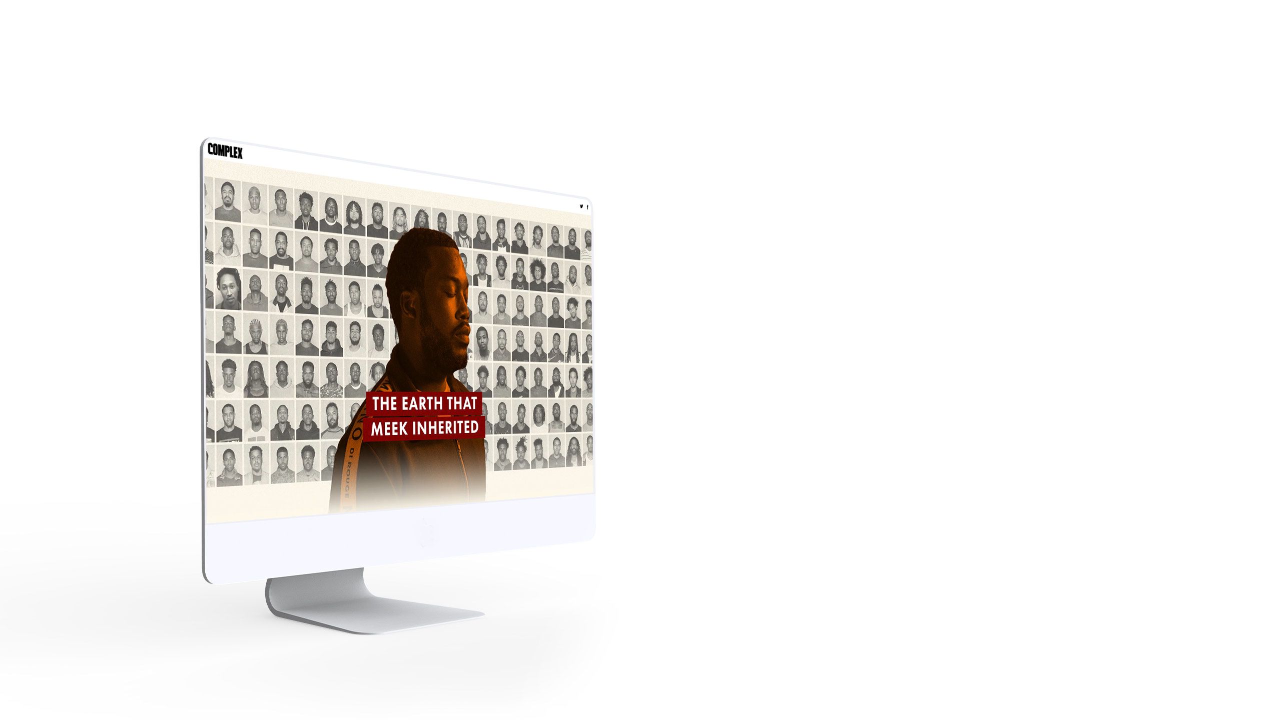 Photo of Meek Mill, in front of dozens of photos of Black men.